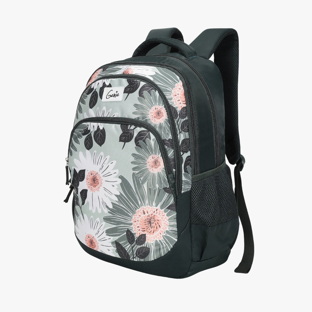floral print backpack with mesh side pockets
