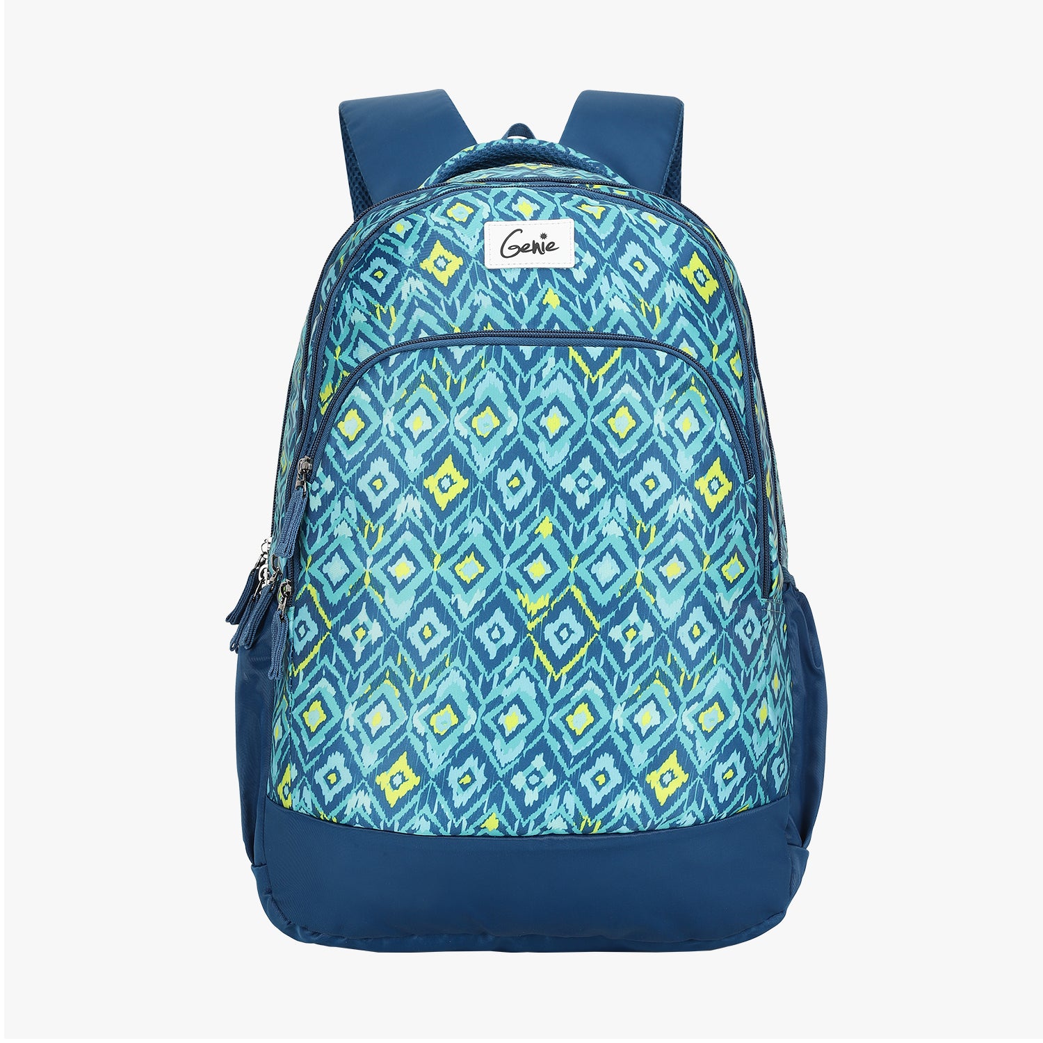 front view teal backpack with ikat pattern