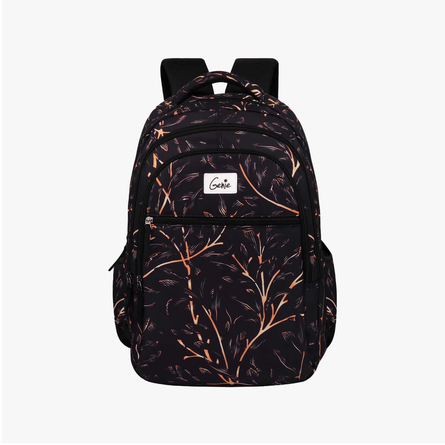 Front view of a black backpack with orange branch pattern