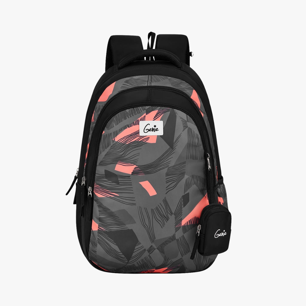 black and pink patterned backpack, front view