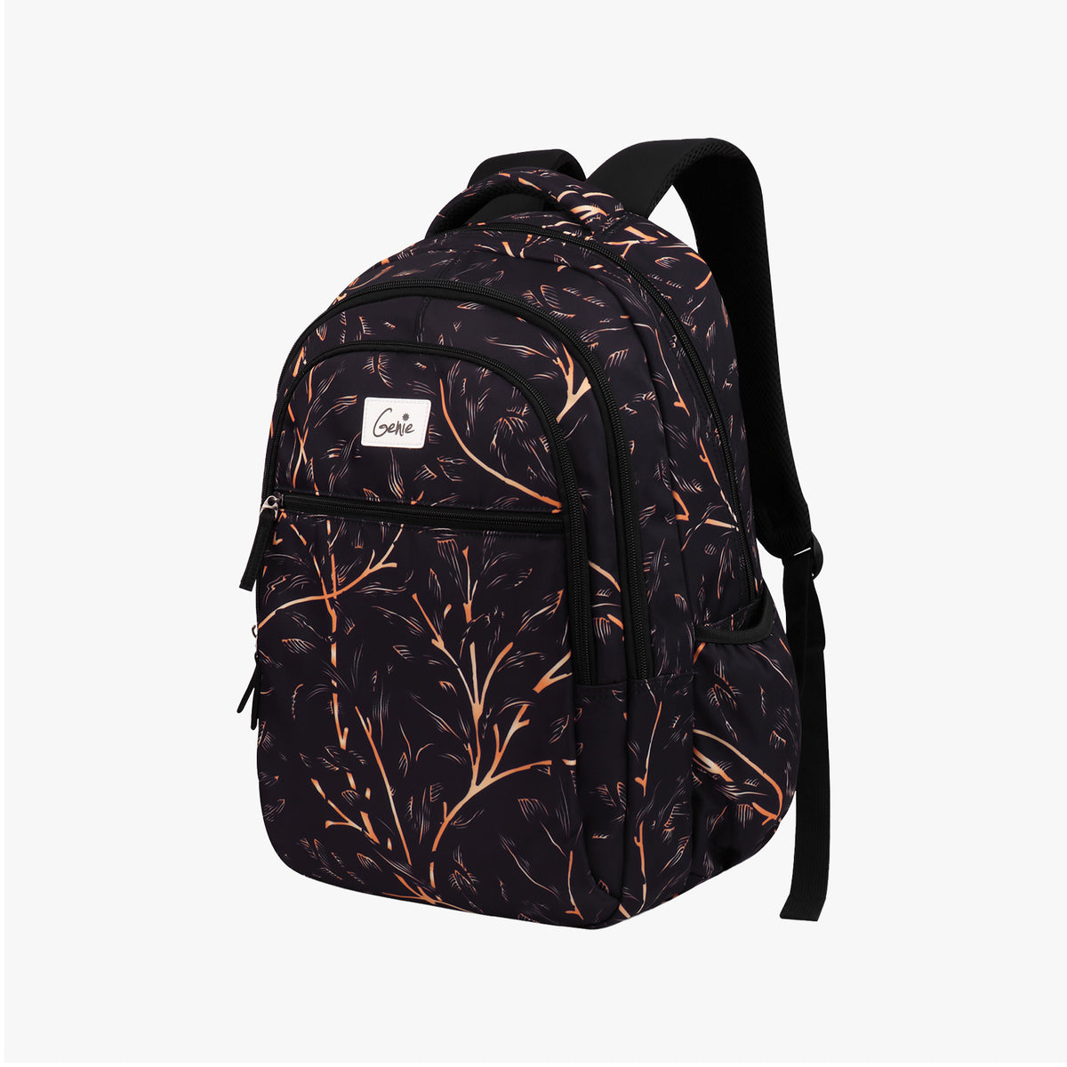 A black backpack with orange branch pattern