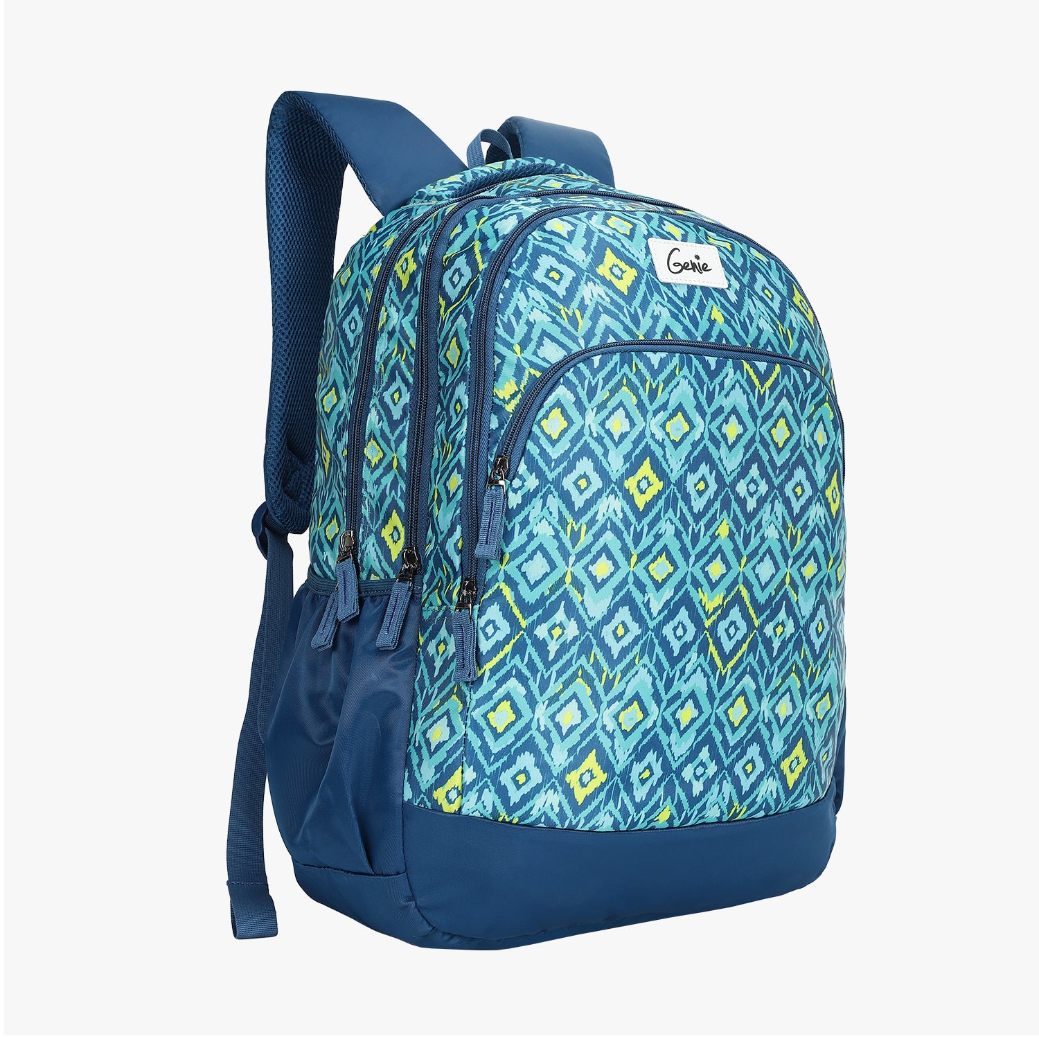 angled view teal backpack with easy pockets