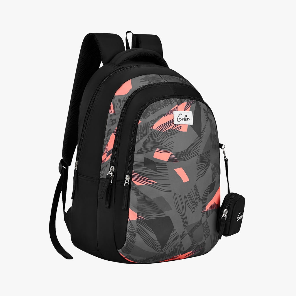black and pink patterned backpack, angle view