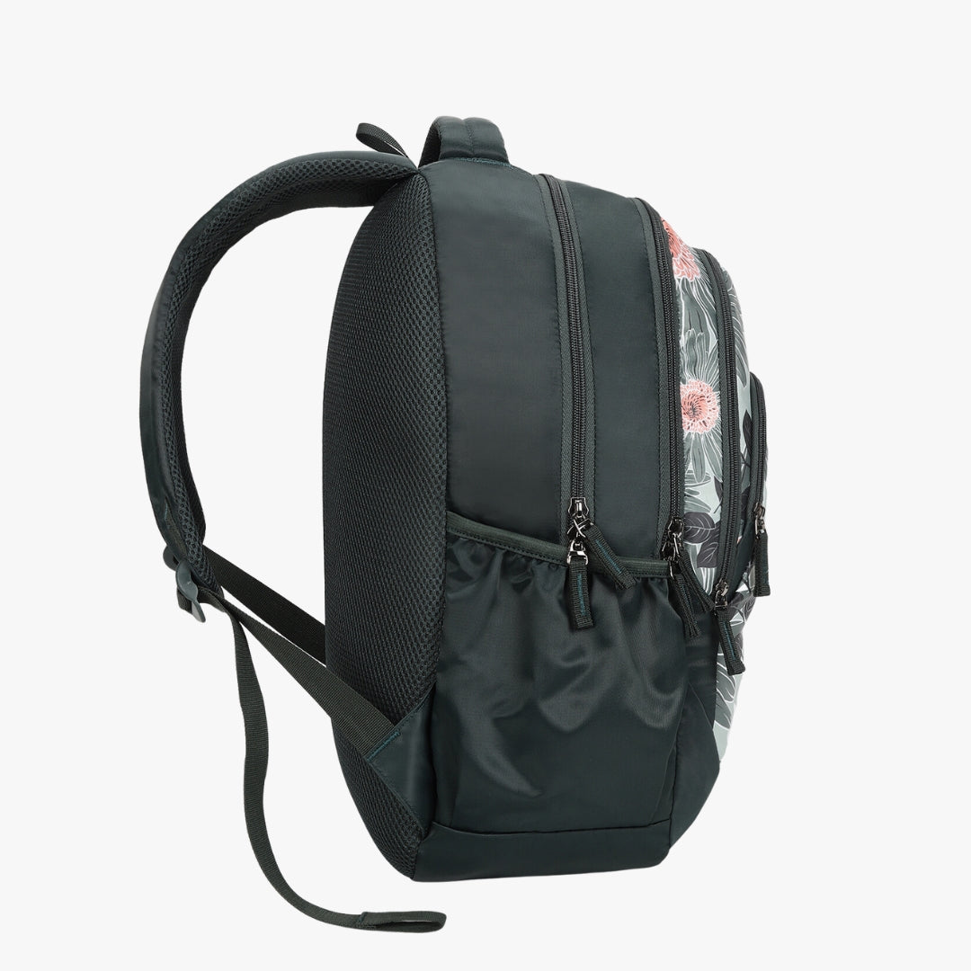 Side view of green backpack with bottle holder