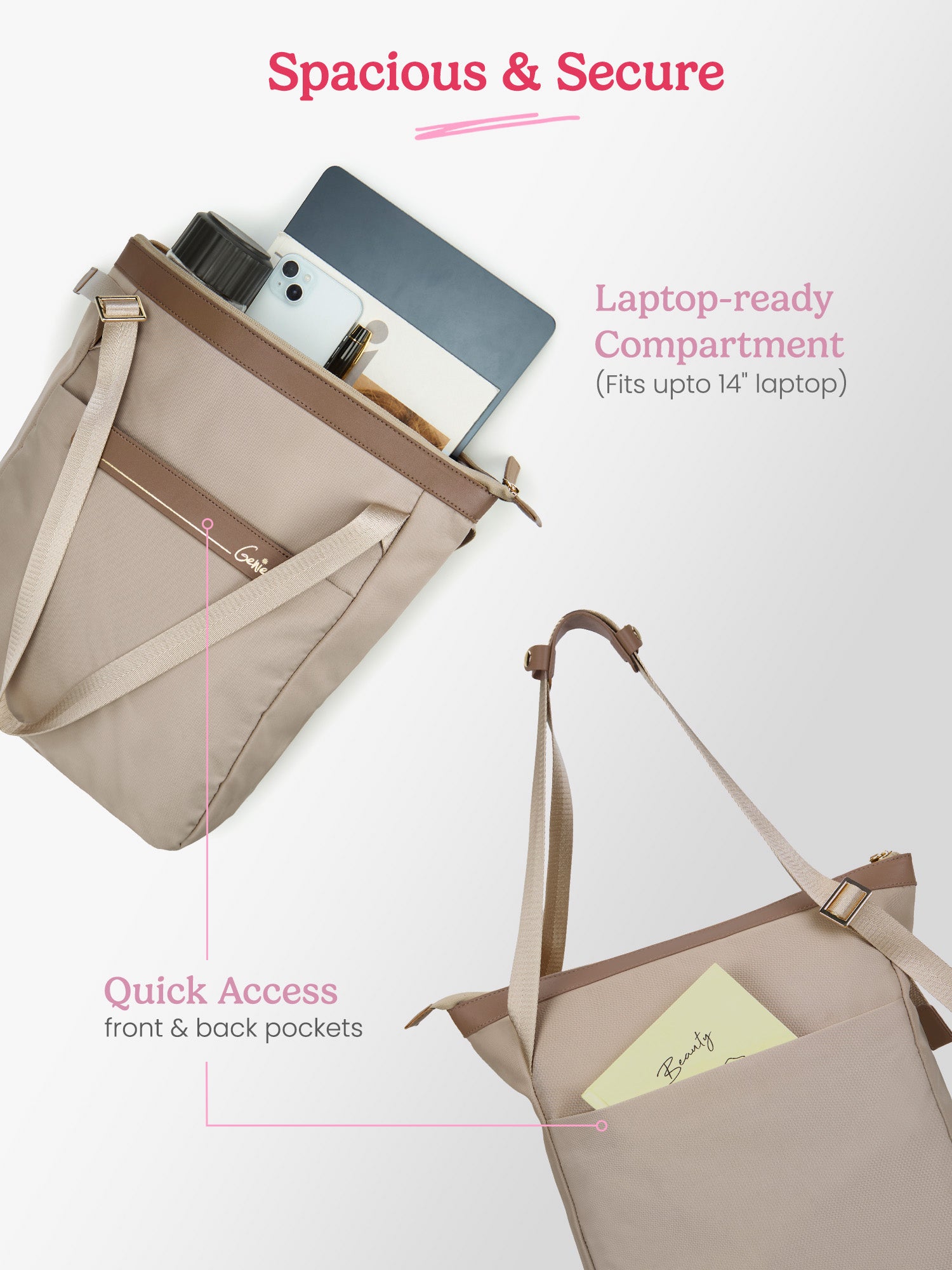 Amber 15L Beige Tote Bag With Laptop Sleeve