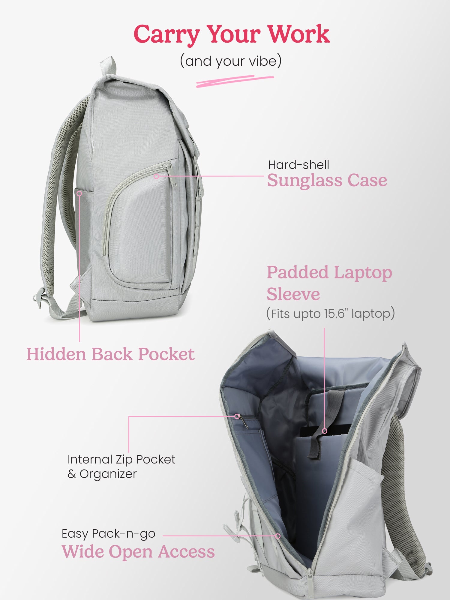 Skye 27L Grey Casual Backpack With Laptop Sleeve