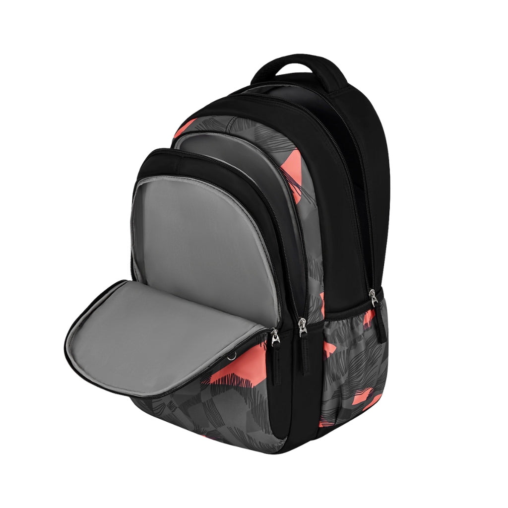 black and pink patterned backpack, open front pocket