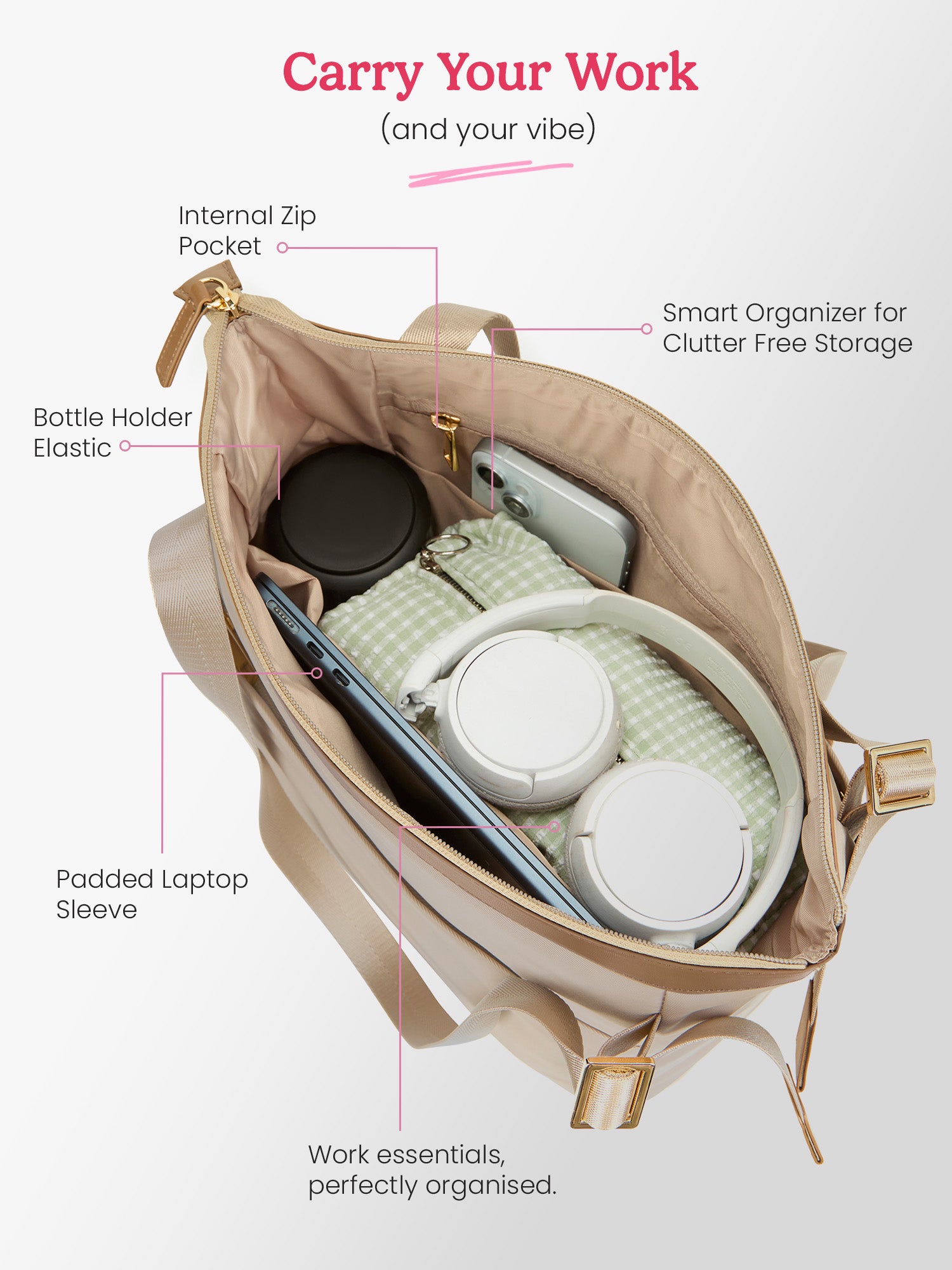 Amber 15L Beige Tote Bag With Laptop Sleeve