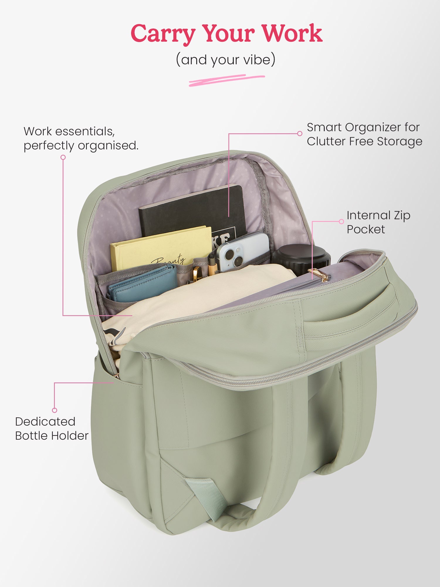 Audrey 27 L Ash Green Formal Backpack Laptop Sleeve