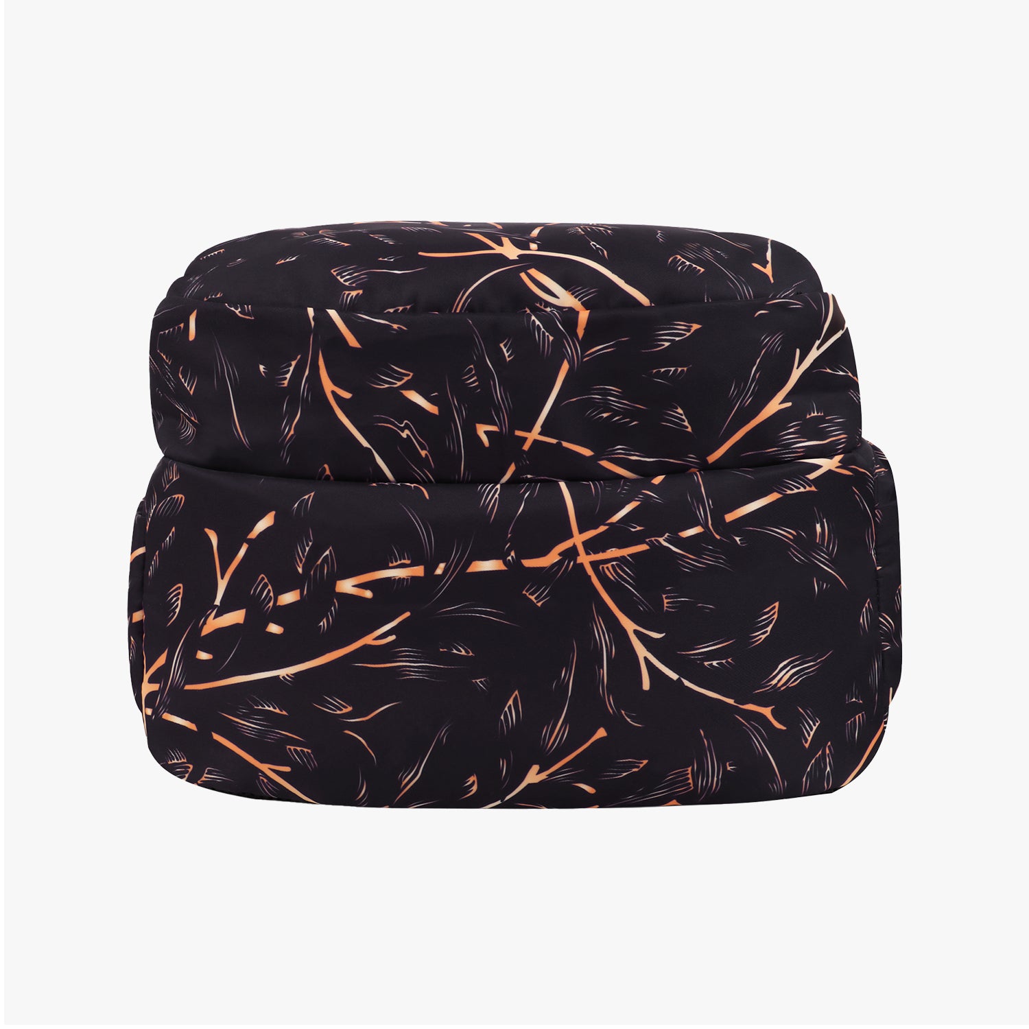 Bottom view of a black backpack with orange branch pattern