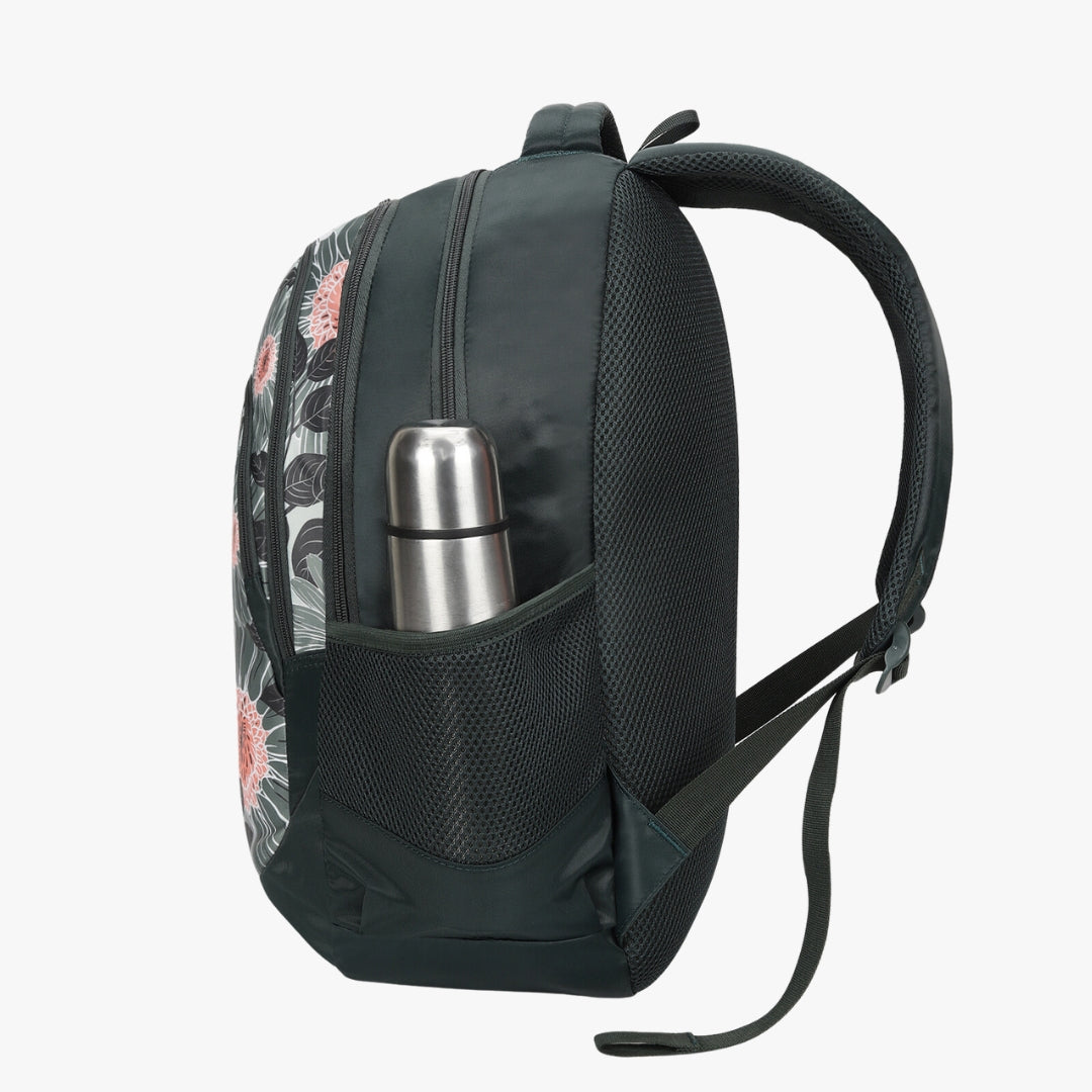 Side angle of green backpack showing bottle in mesh pocket