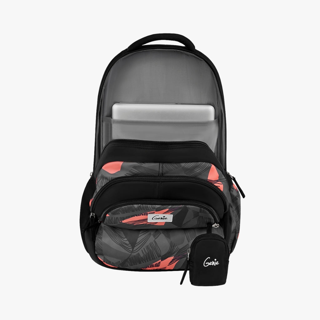 floral print black backpack, open main compartment