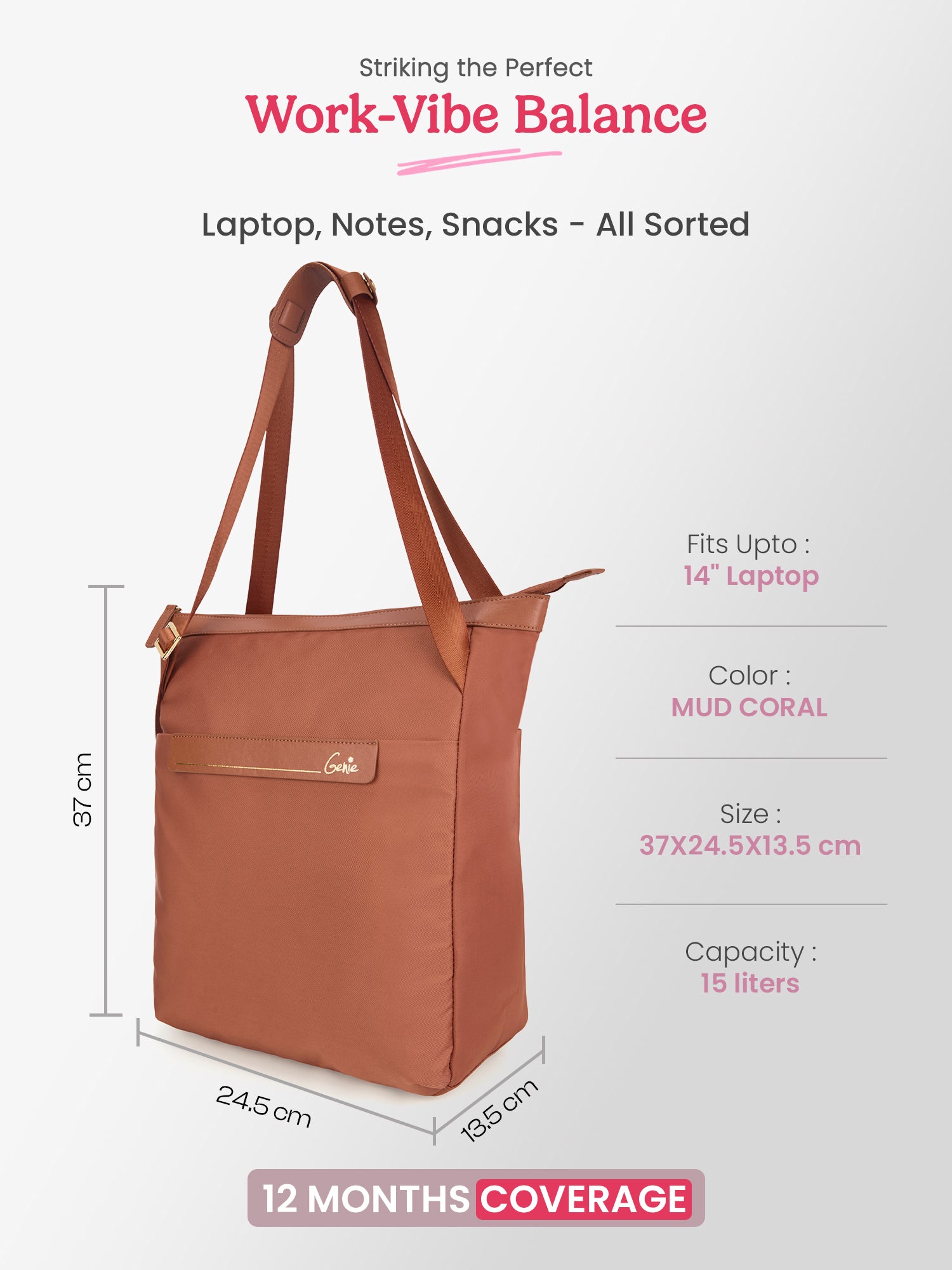 Amber 15L Mud Coral Tote Bag With Laptop Sleeve