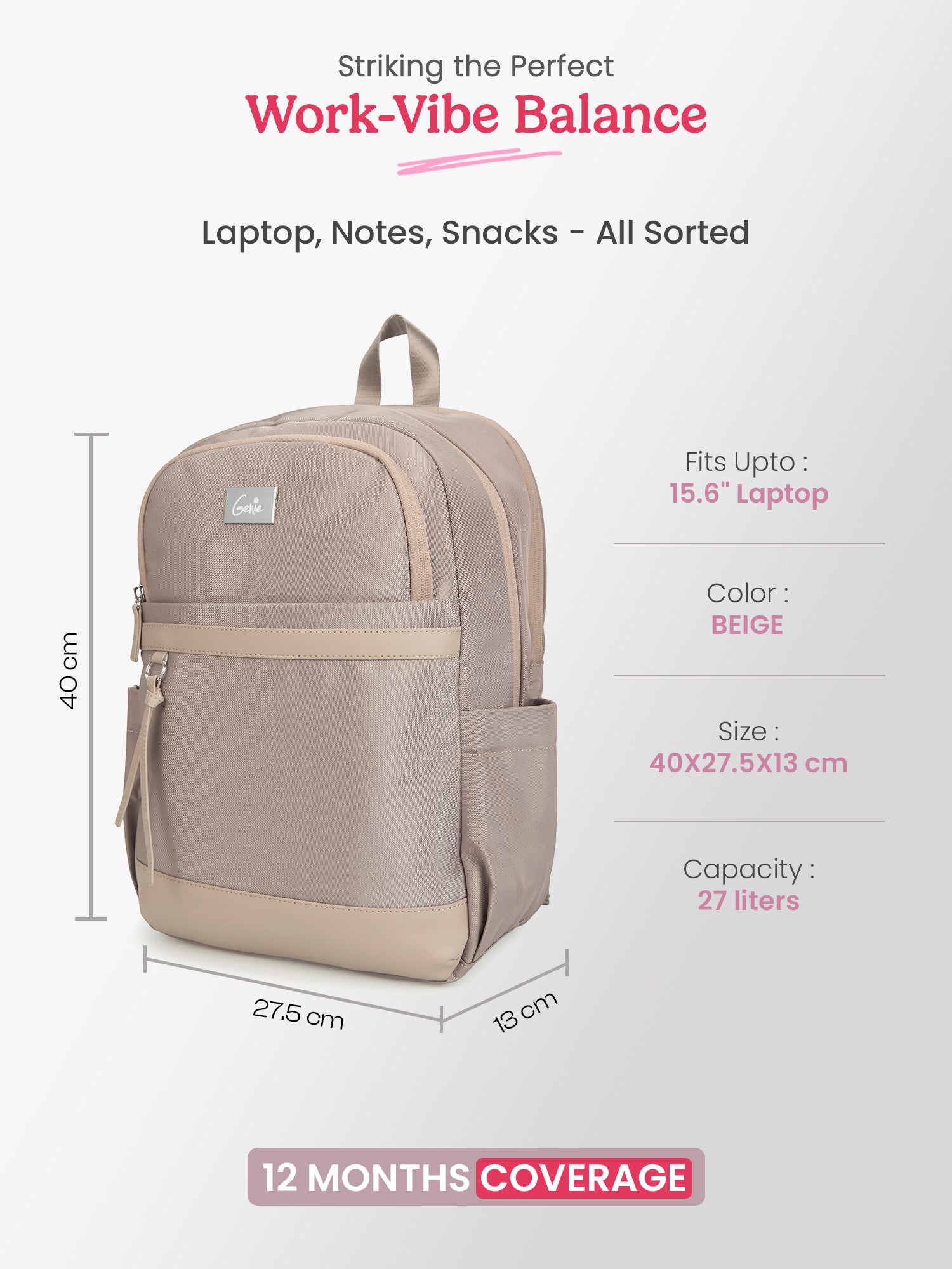 Clea 27 L Beige Formal Backpack With Laptop Sleeve