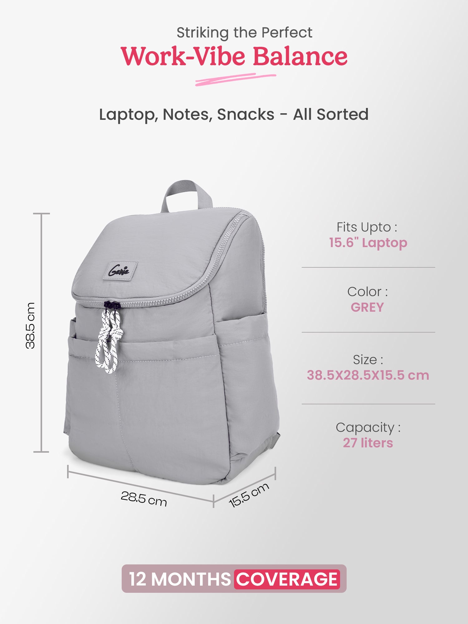 Plushpack 27L Grey Casual Backpack With Laptop Sleeve