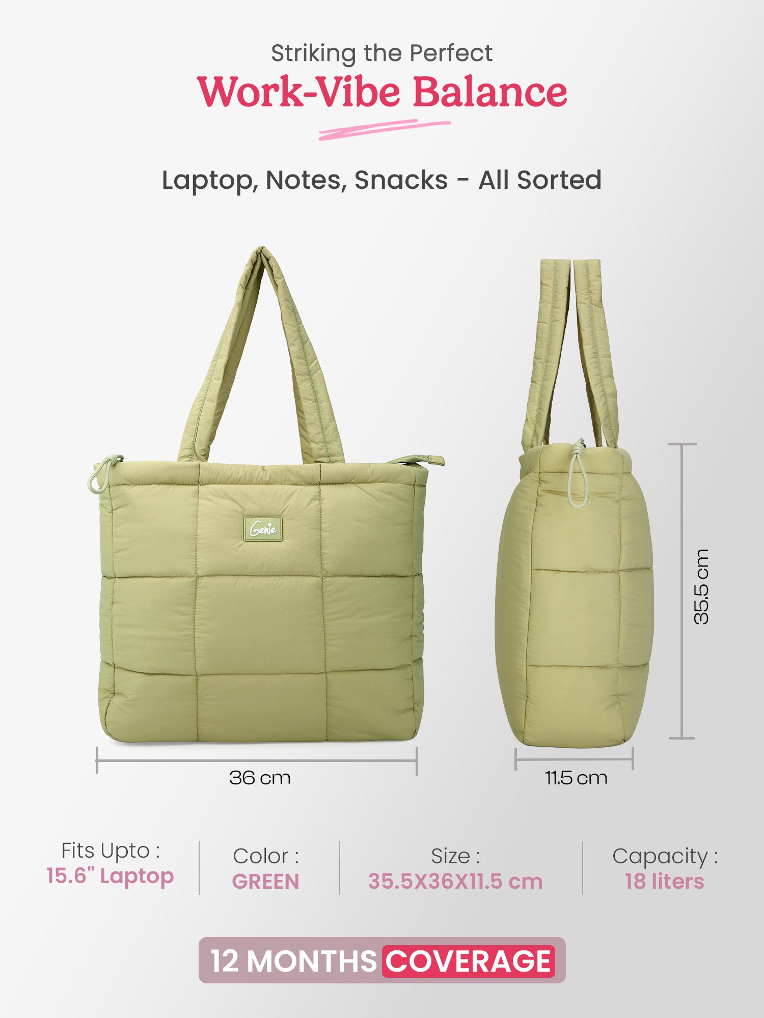 Halotote 18L Green Tote Bag With Laptop Sleeve