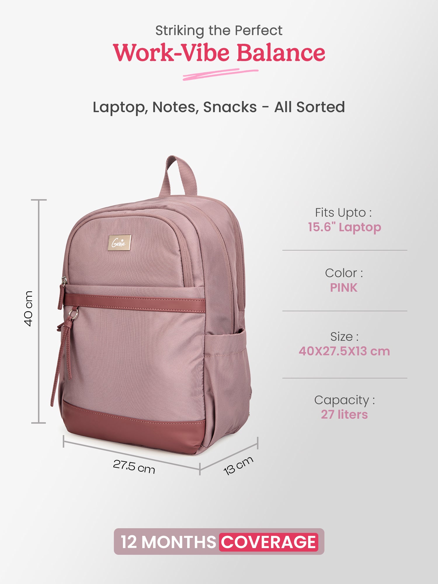 Clea 27 L Pink Formal Backpack With Laptop Sleeve