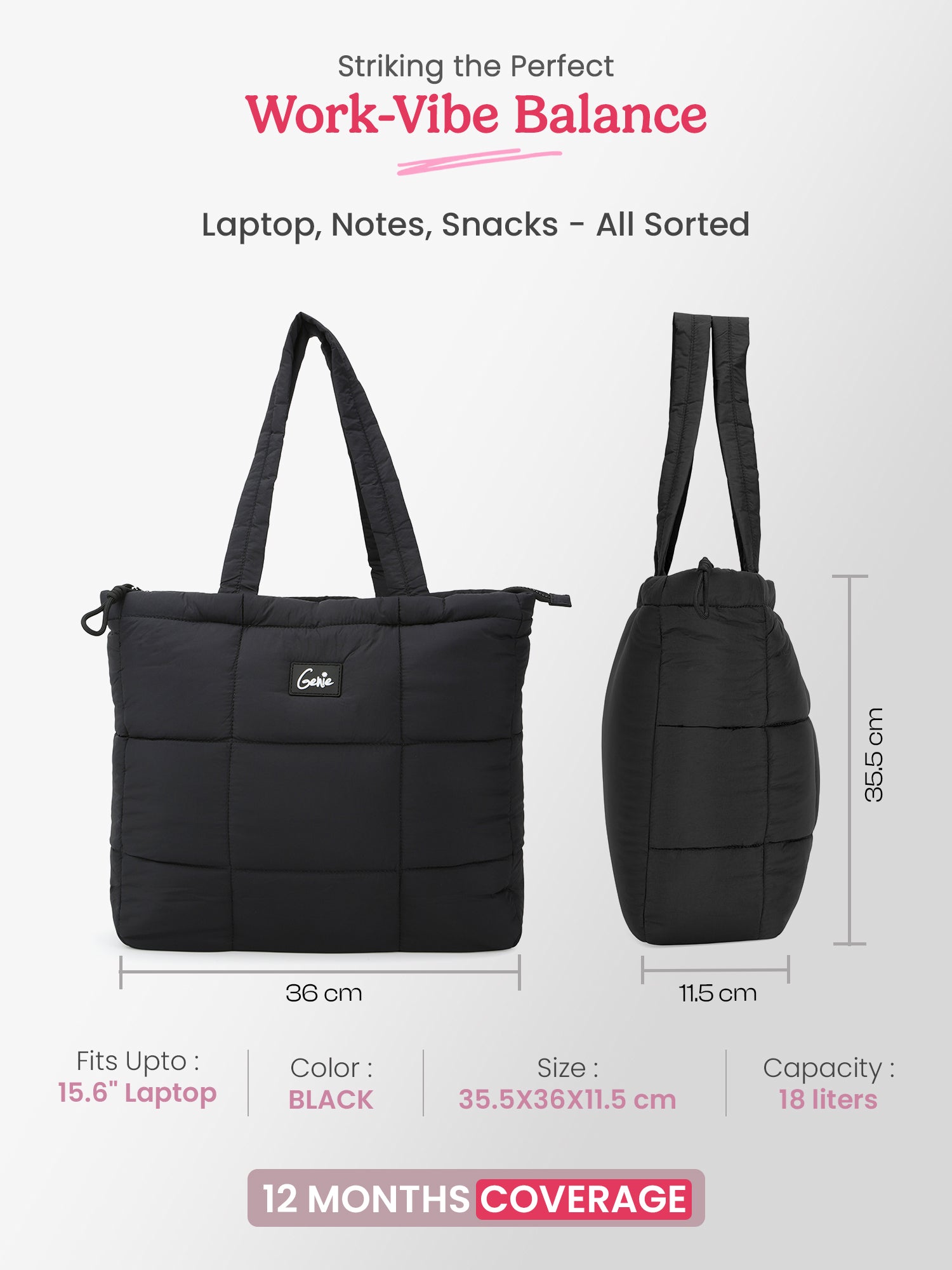 Halotote 18L Black Tote Bag With Laptop Sleeve