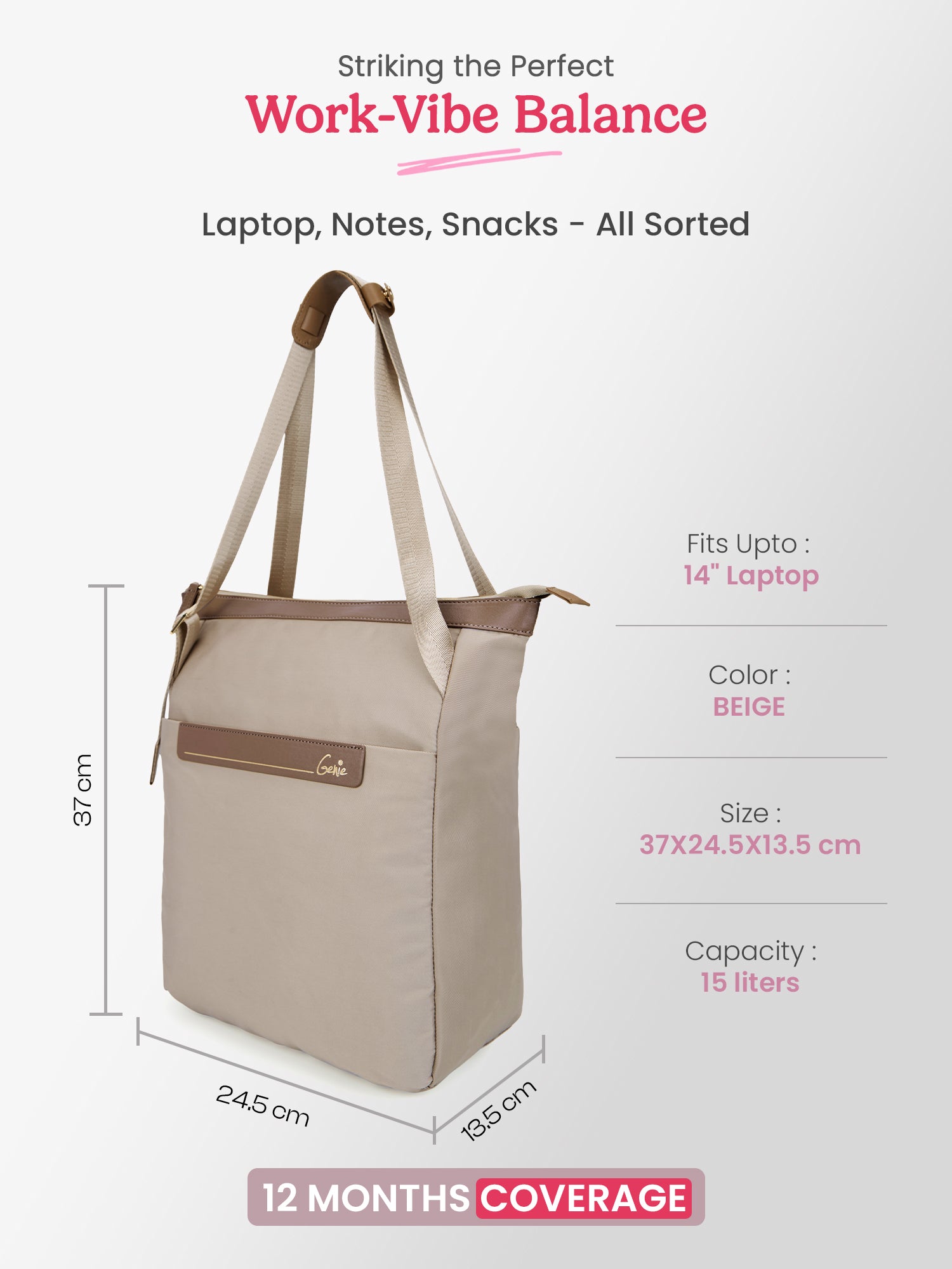 Amber 15L Beige Tote Bag With Laptop Sleeve