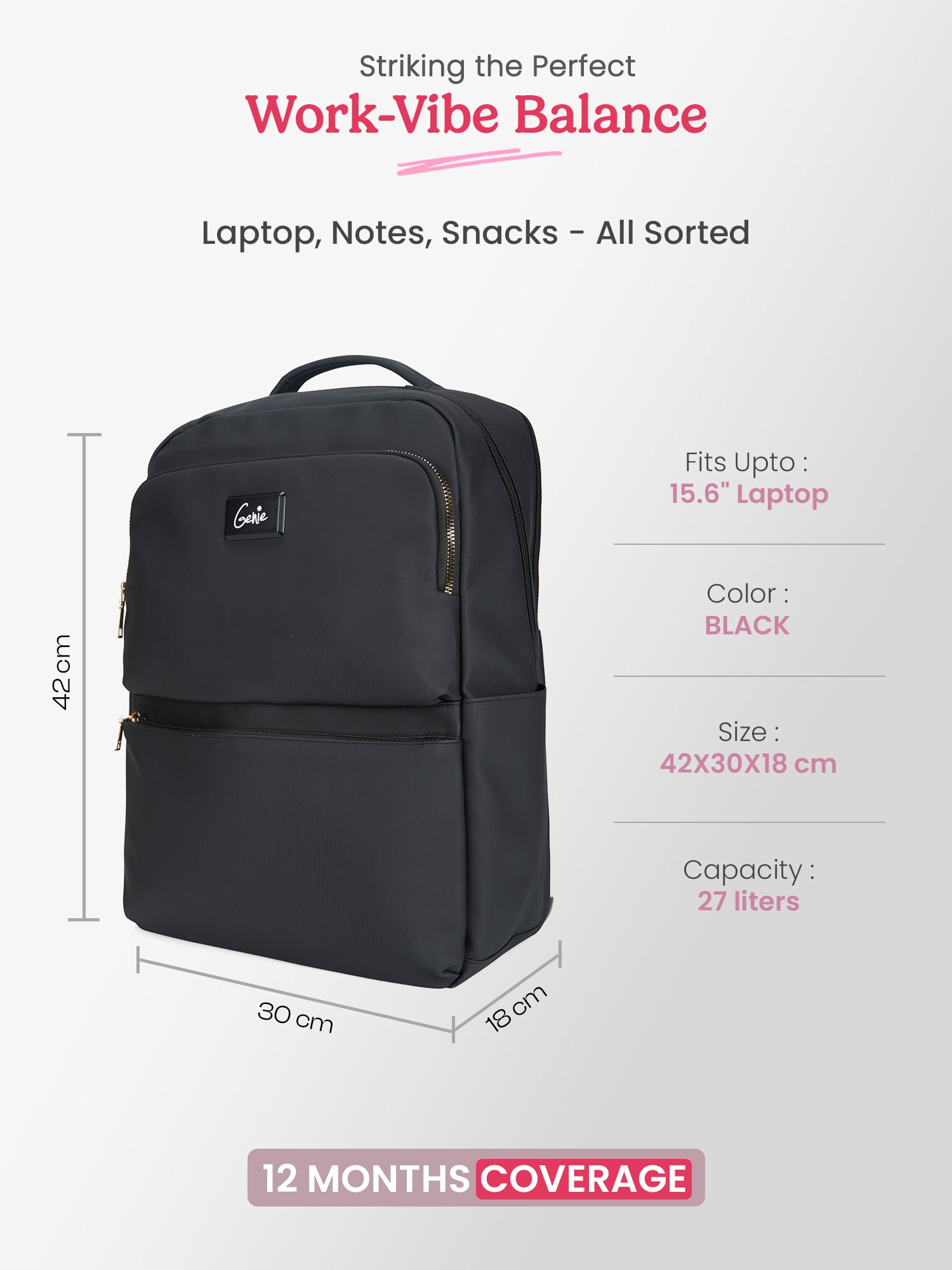 Audrey 27 L Black Formal Backpack Laptop Sleeve