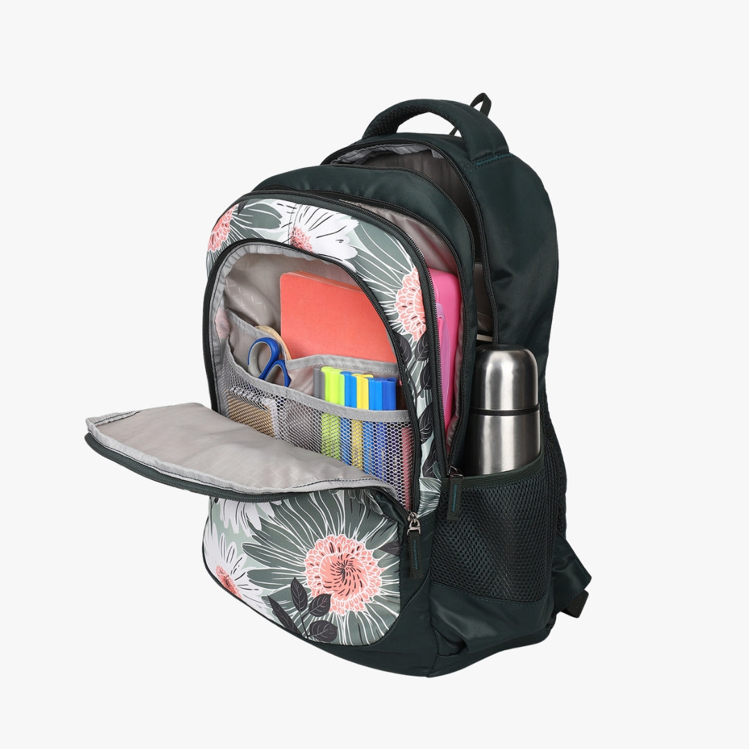 floral print black backpack, open front compartment