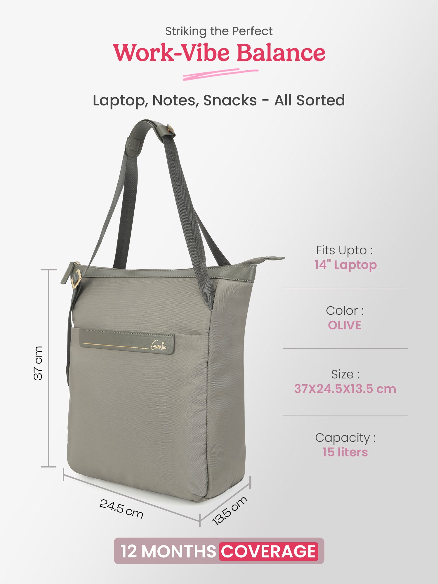 Amber 15L Olive Tote Bag With Laptop Sleeve