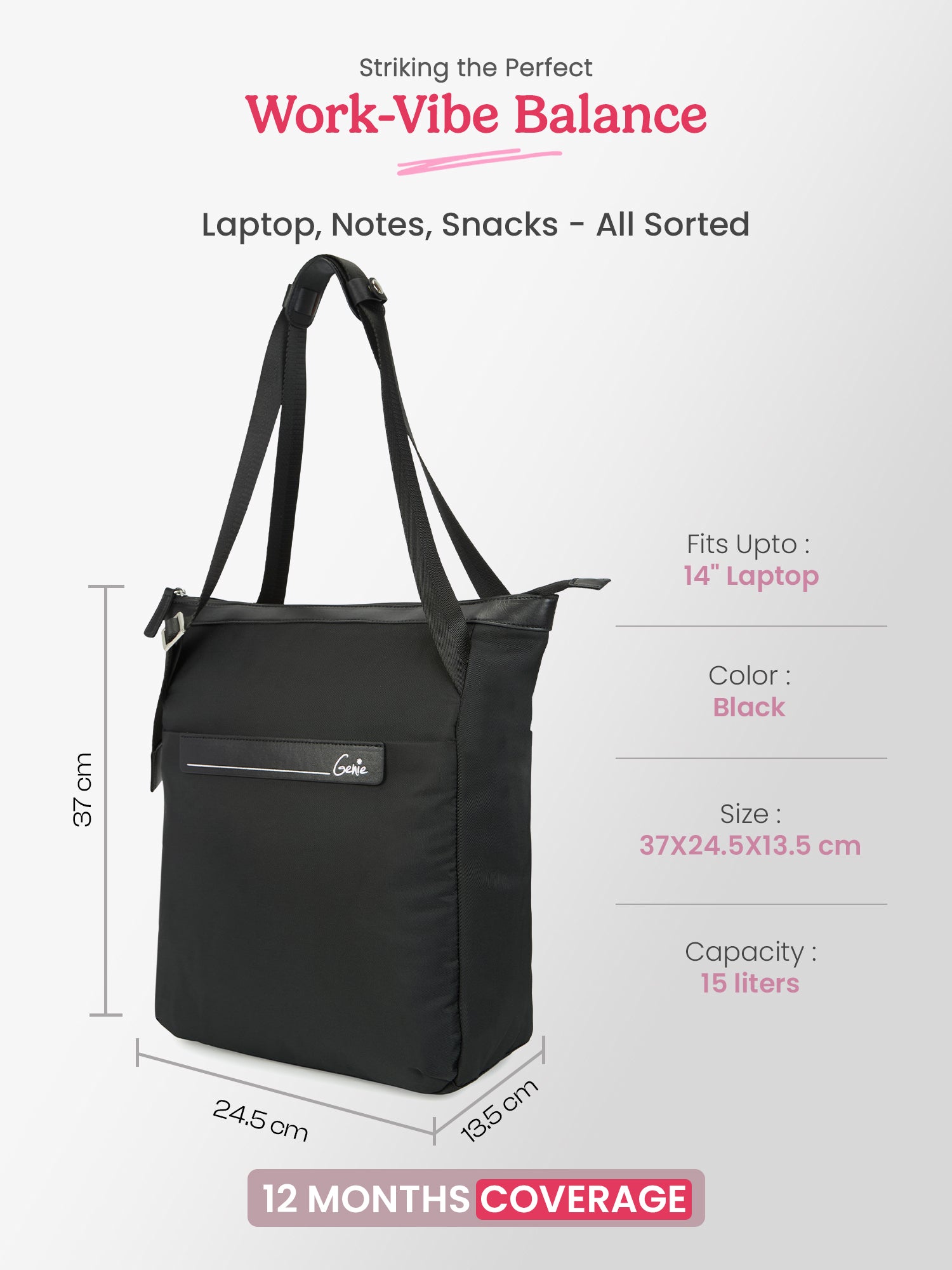 Amber 15L Black Tote Bag With Laptop Sleeve