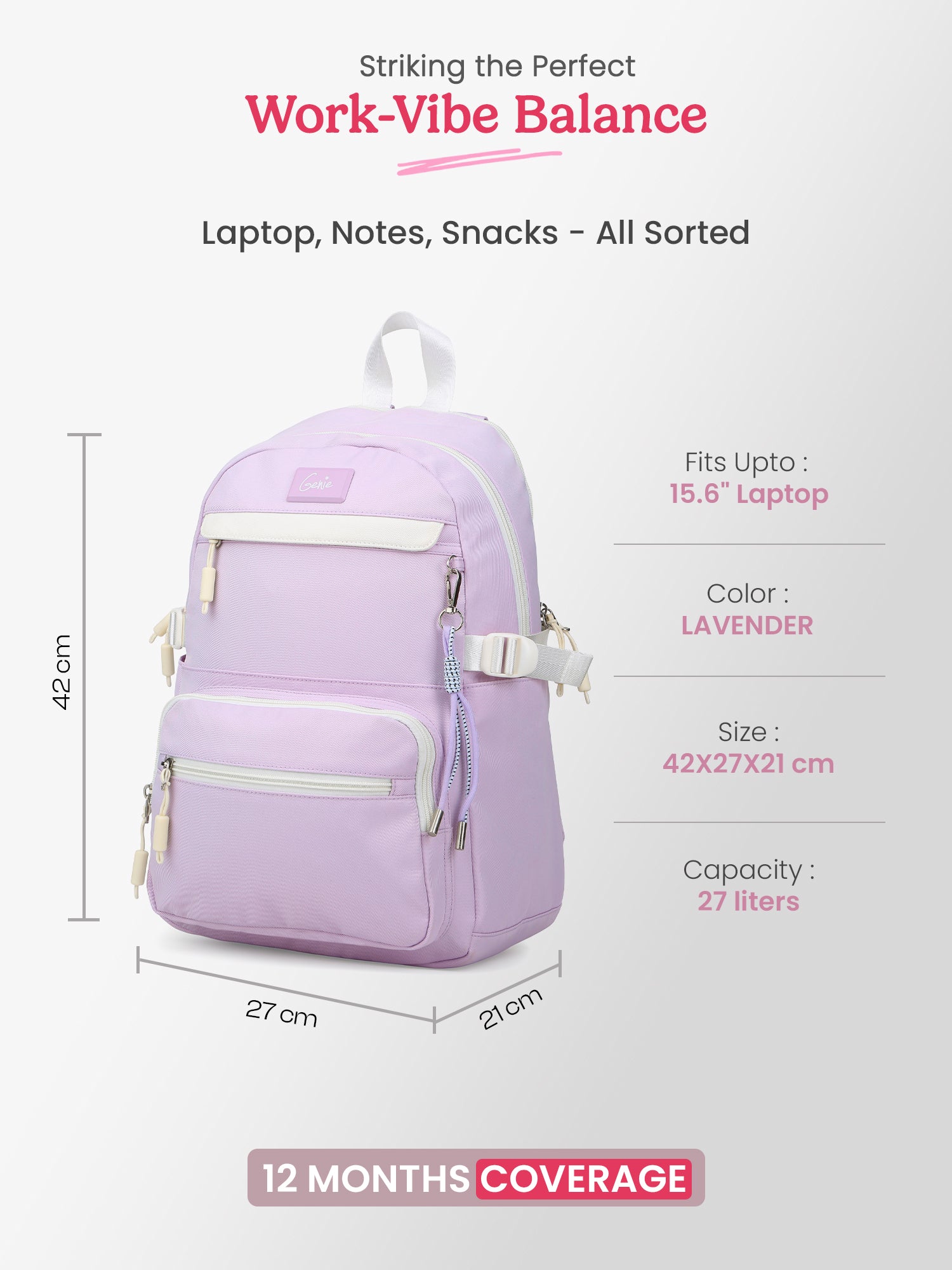 Berry 27L Lavender Casual Backpack With Laptop Sleeve