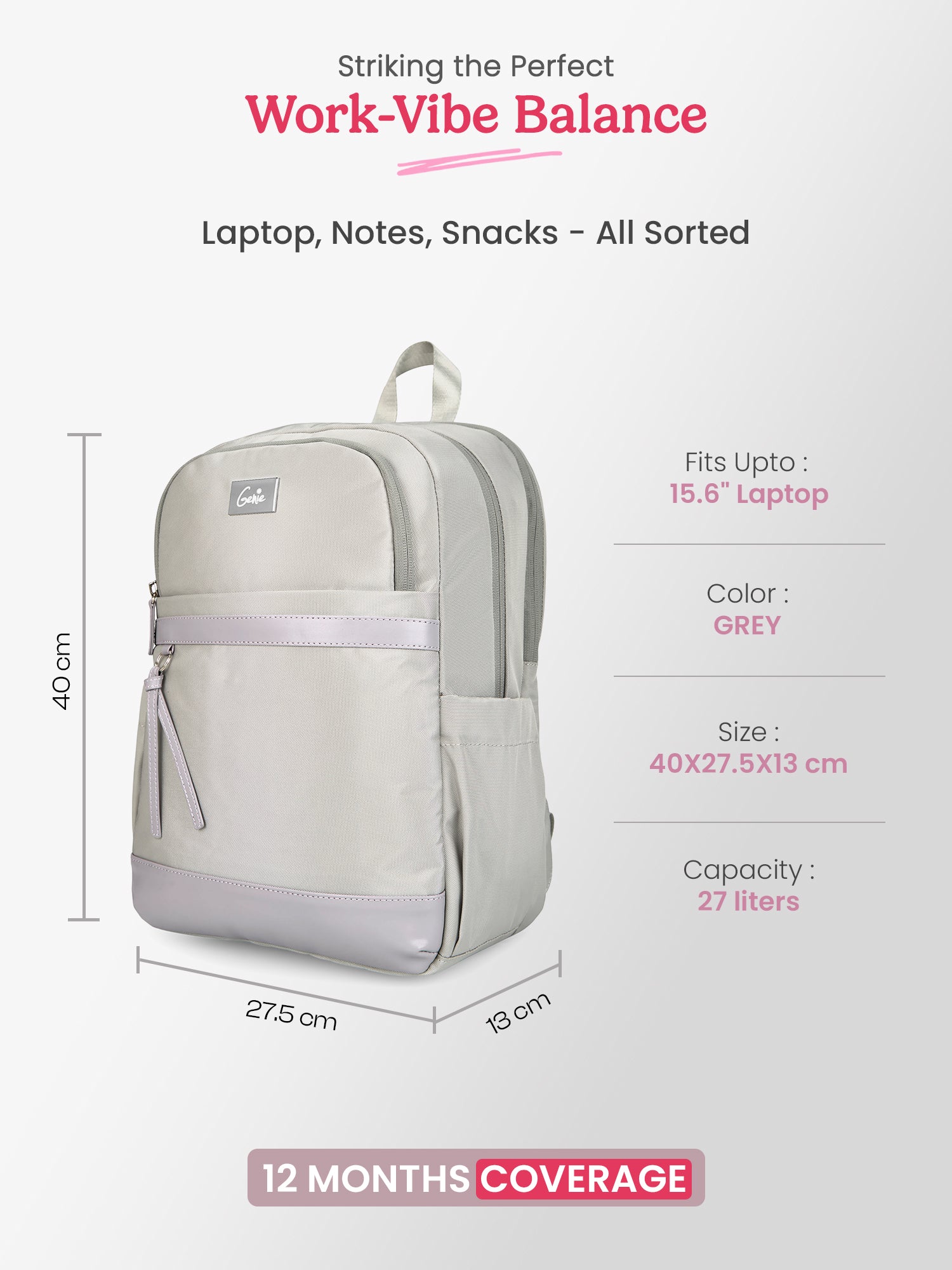 Clea 27 L Grey Formal Backpack With Laptop Sleeve