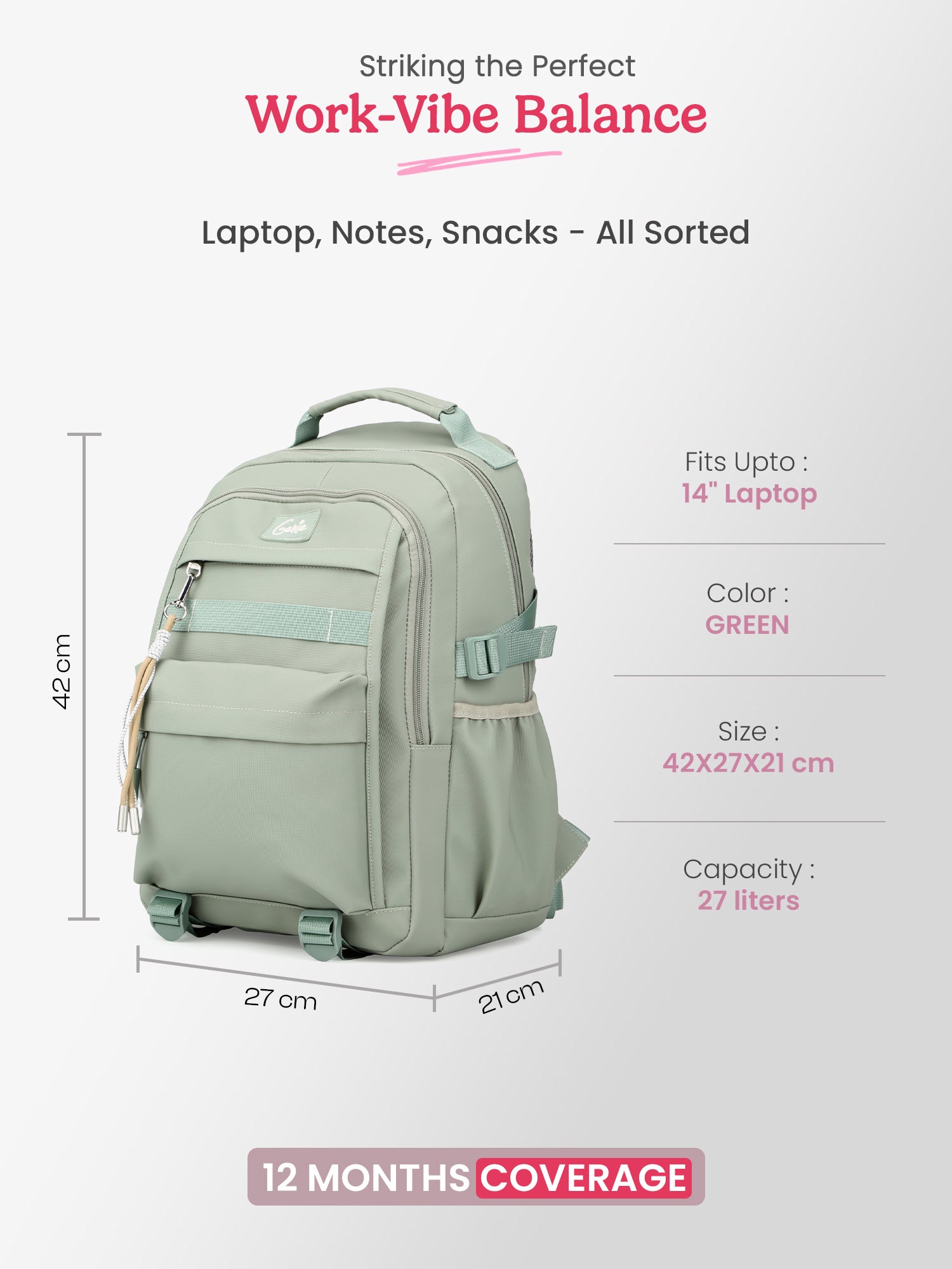 Berry 27L Green Casual Backpack With Laptop Sleeve