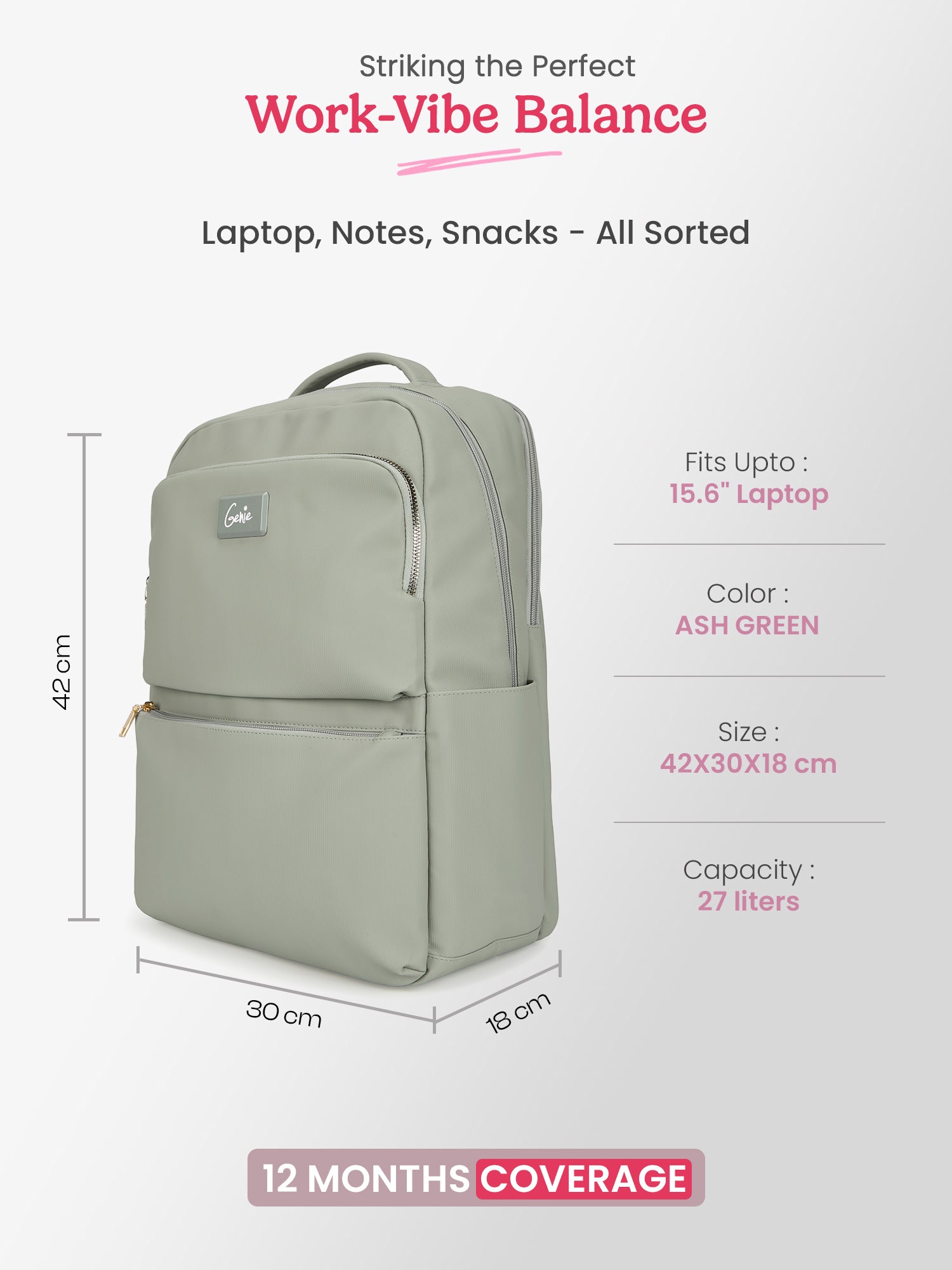 Audrey 27 L Ash Green Formal Backpack Laptop Sleeve