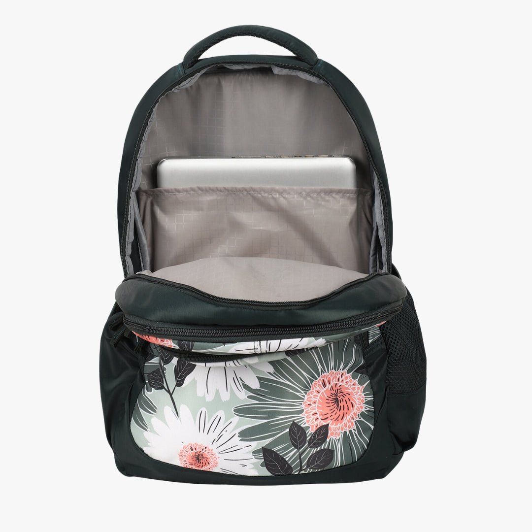 Open view of green backpack with laptop compartment