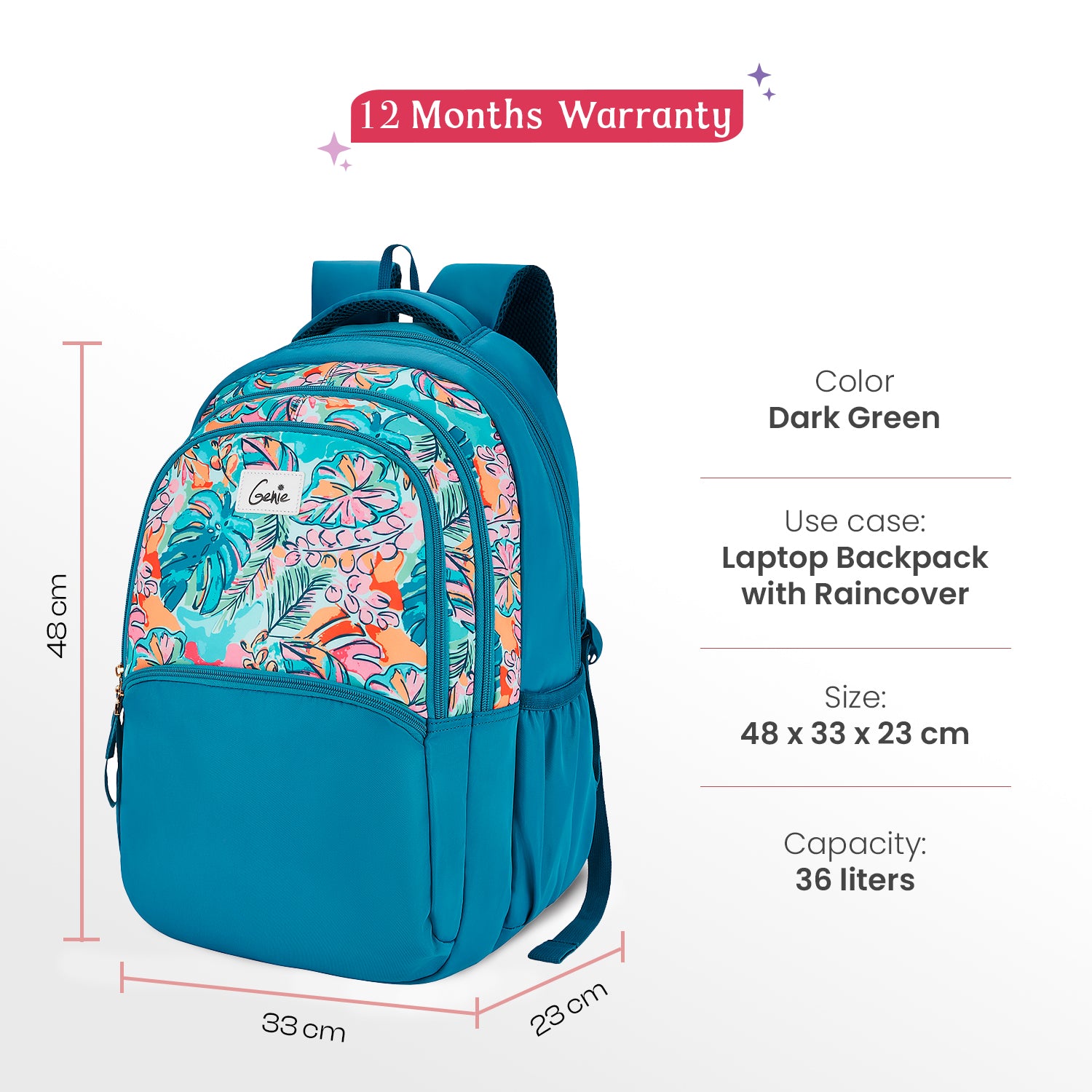Sapphire 36L Dark Green Laptop Backpack With Raincover