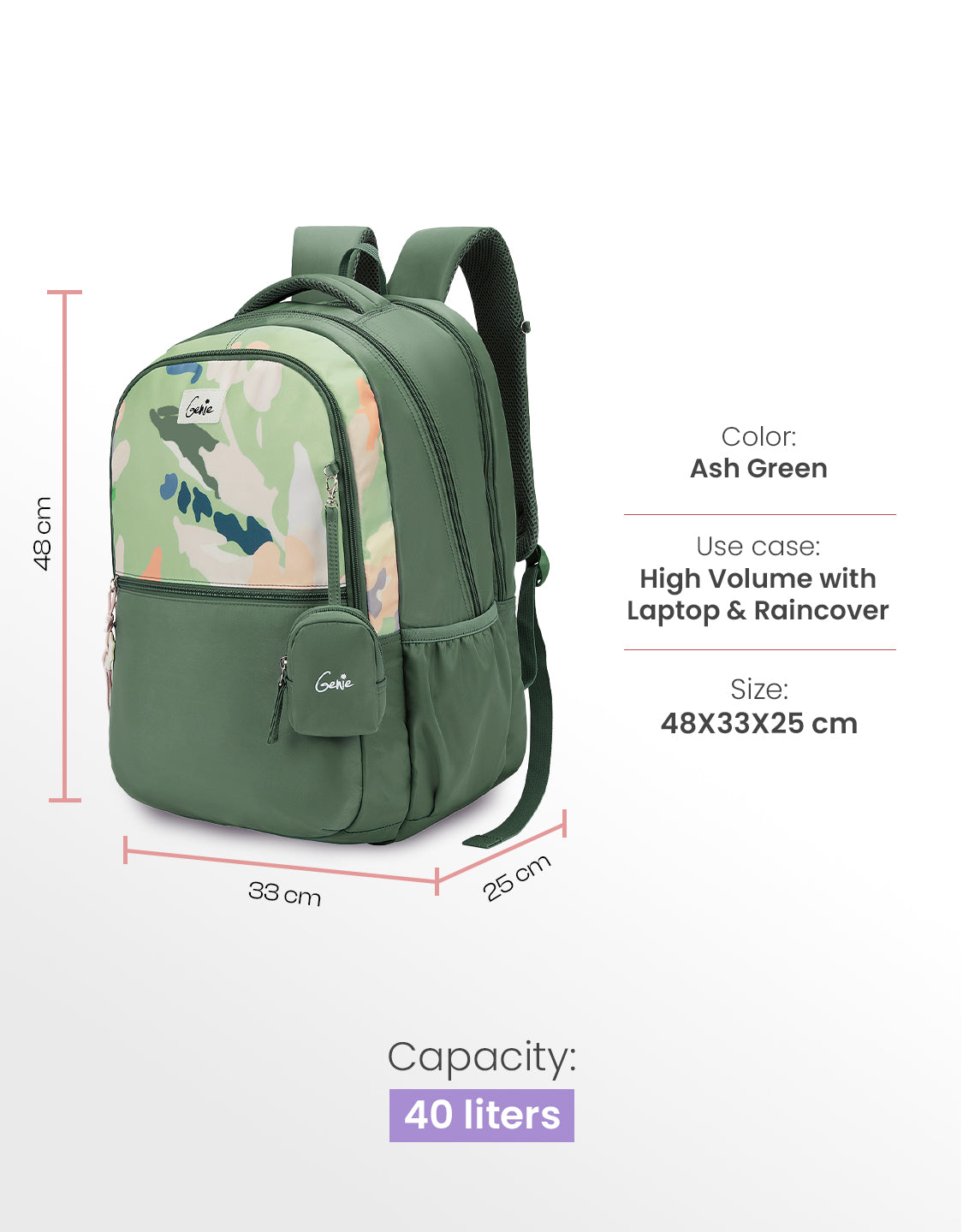 Sketch 40L Laptop Backpack With Raincover - Ash Green