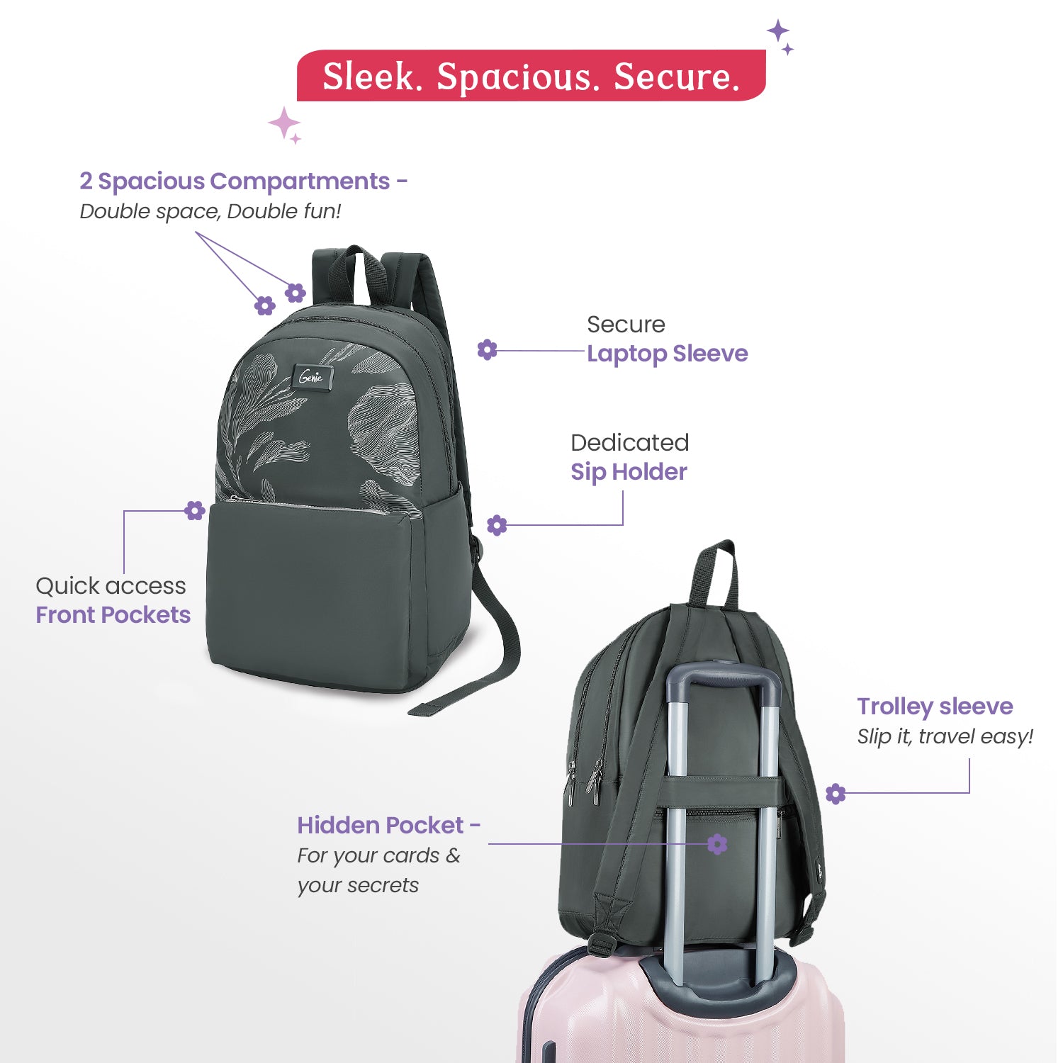 Ashlyn 21L Grey College Backpack With Laptop Sleeve