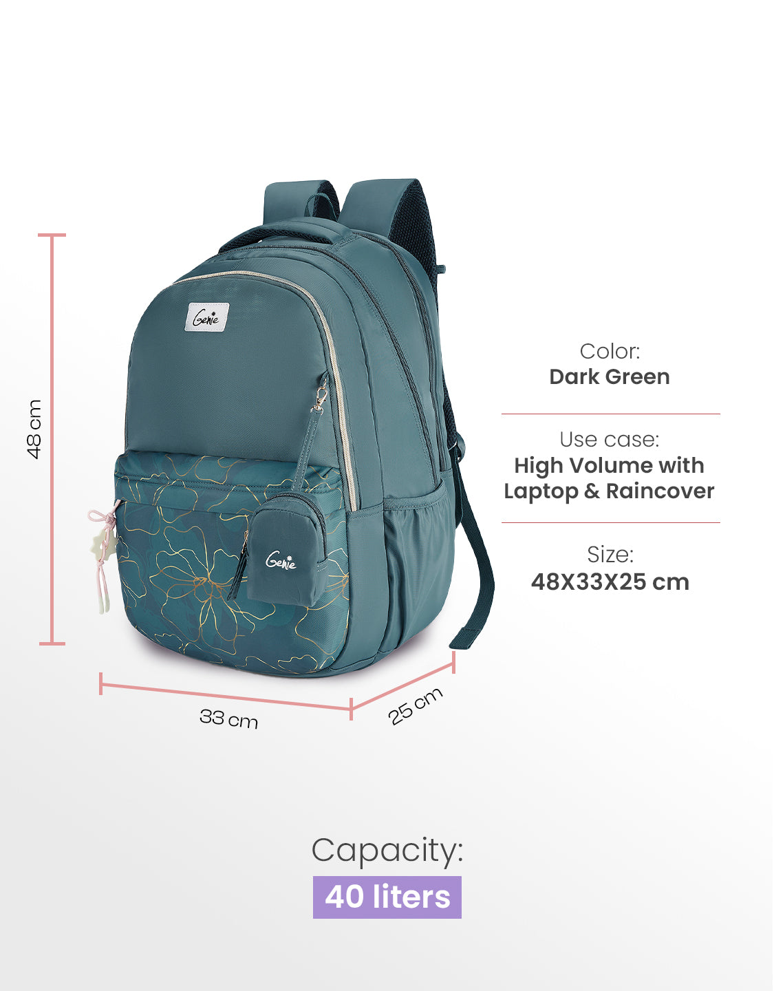 Marilit 40L Laptop Backpack With Raincover - Dark Green
