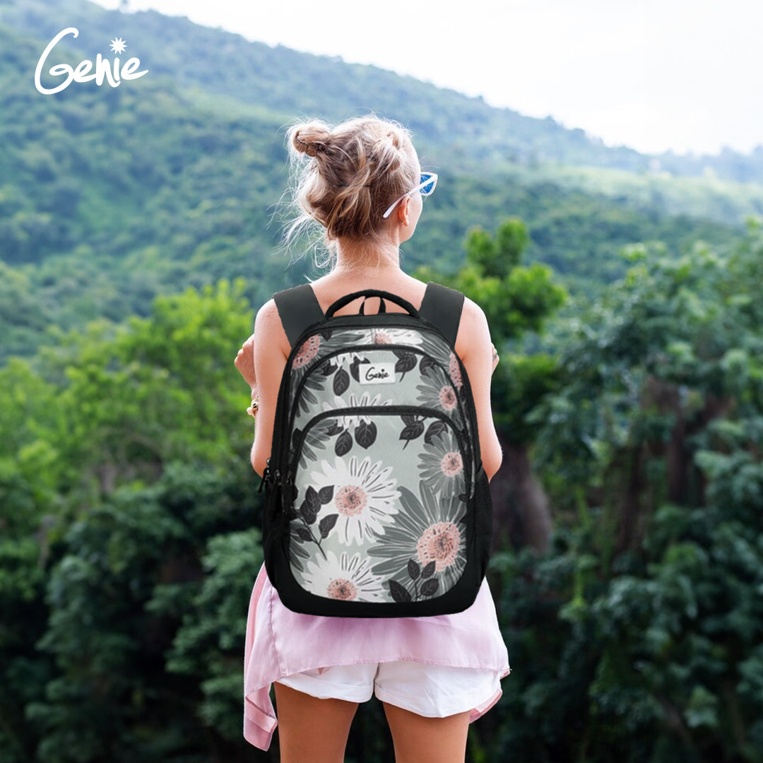 woman wearing stylish floral backpack beside