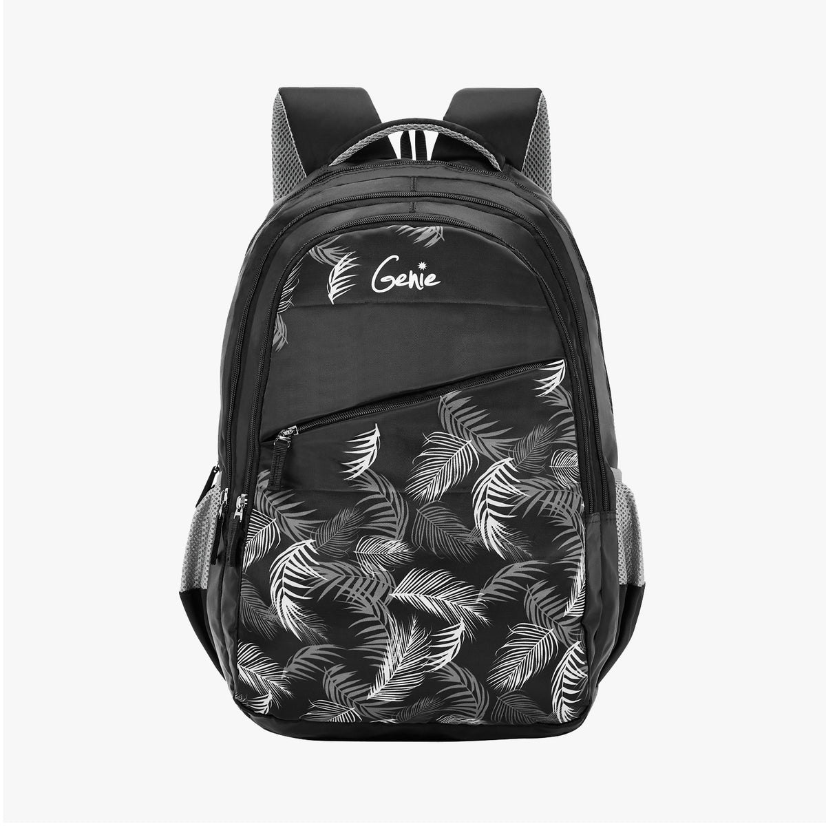 front view of leaf-patterned backpack with mesh pocket
