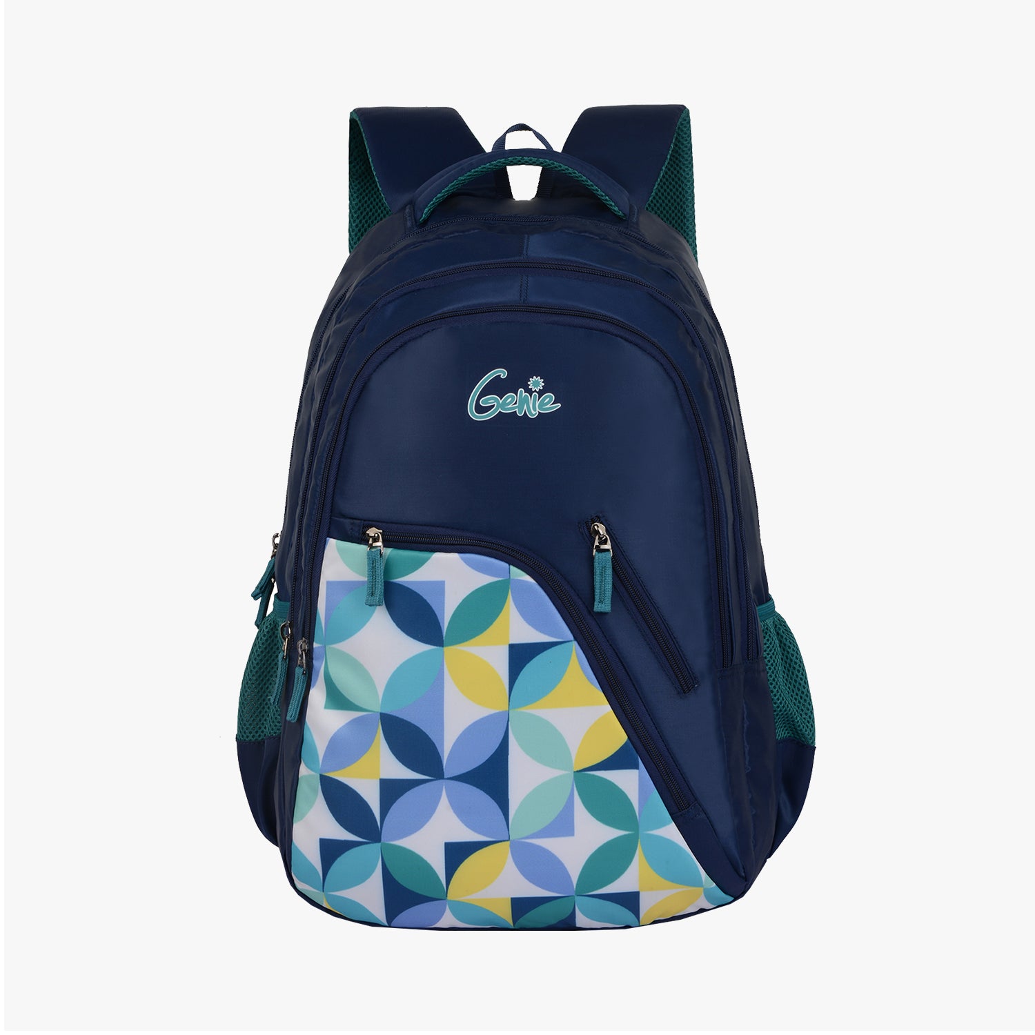 front view of navy backpack with colorful pattern
