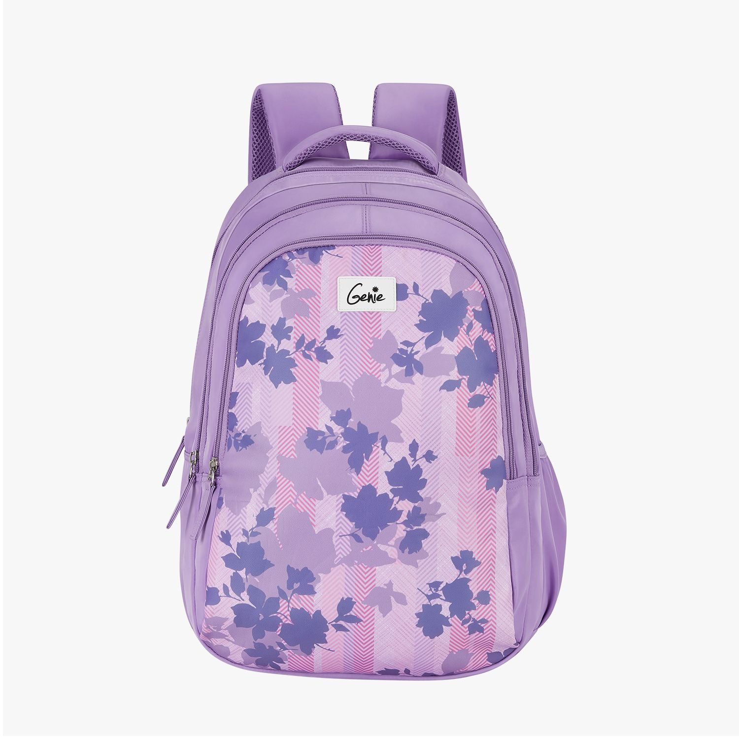 Front view of purple Genie backpack with floral pattern