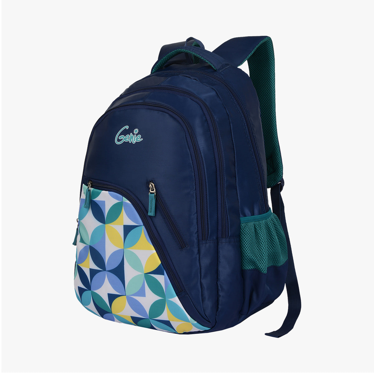 navy backpack with geometric front and mesh pocket