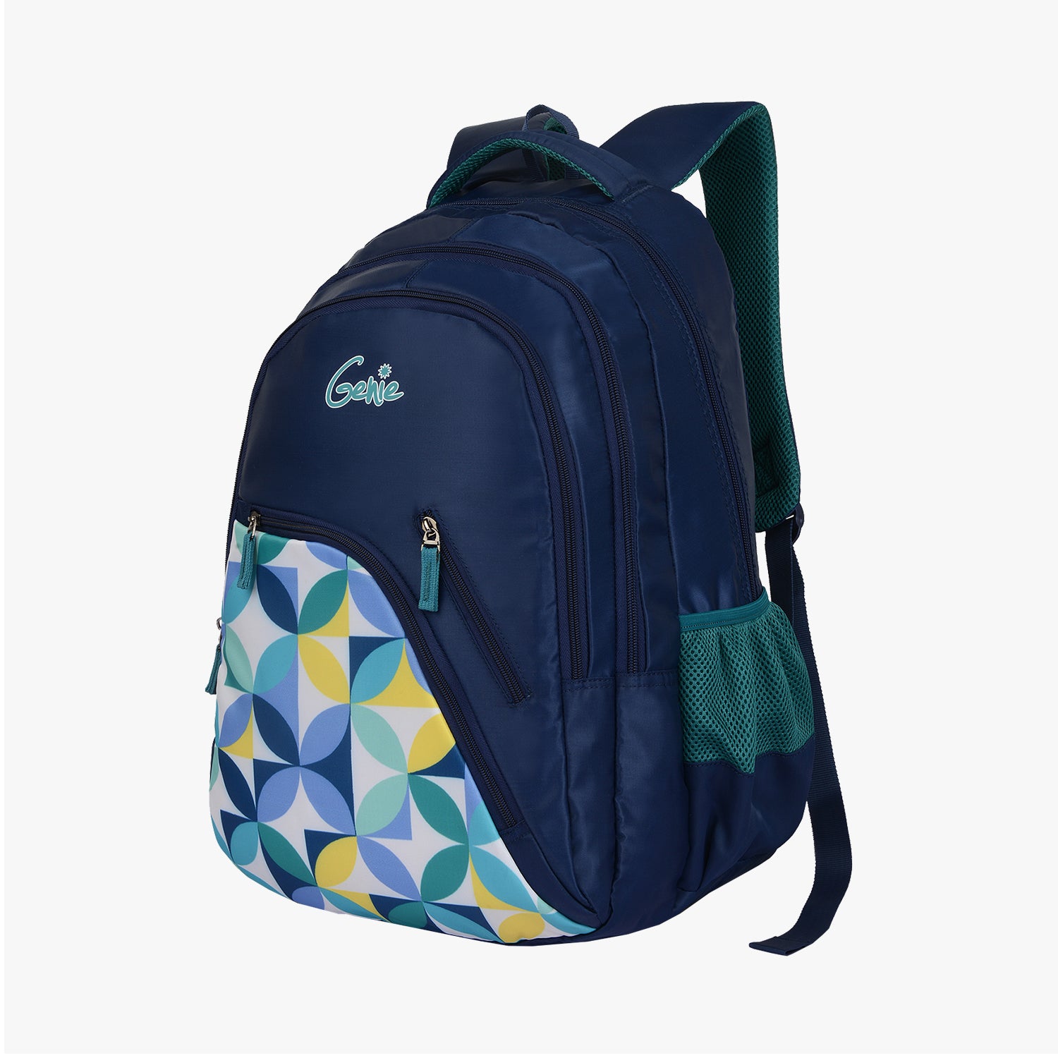 navy backpack with geometric front and mesh pocket