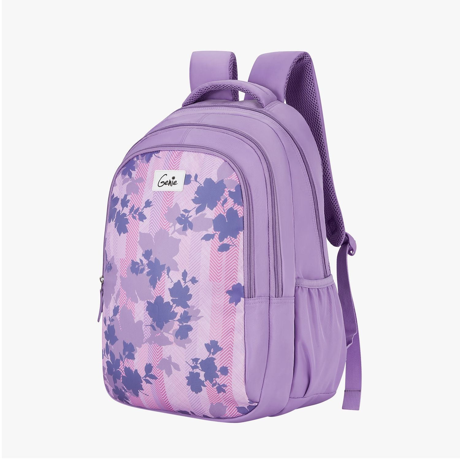 Angled front view of purple backpack with pattern