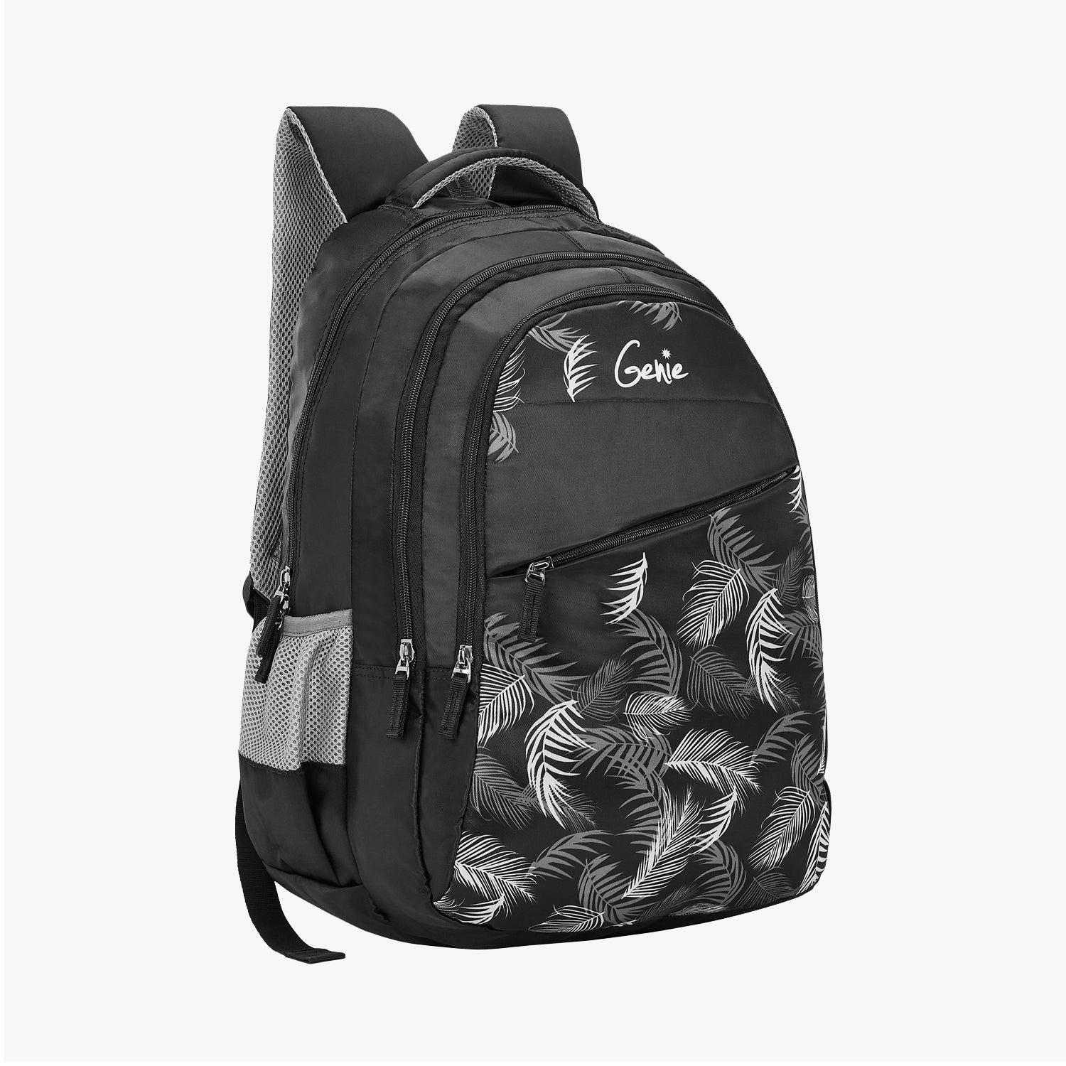 black leaf-pattern backpack with padded straps