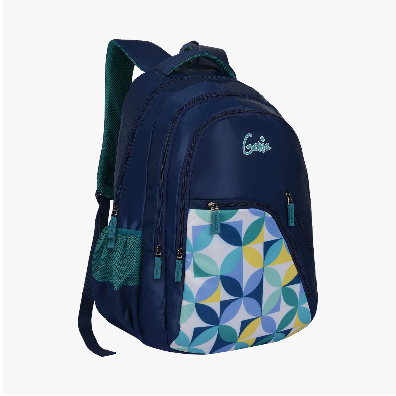 side view of navy backpack with bottle holder