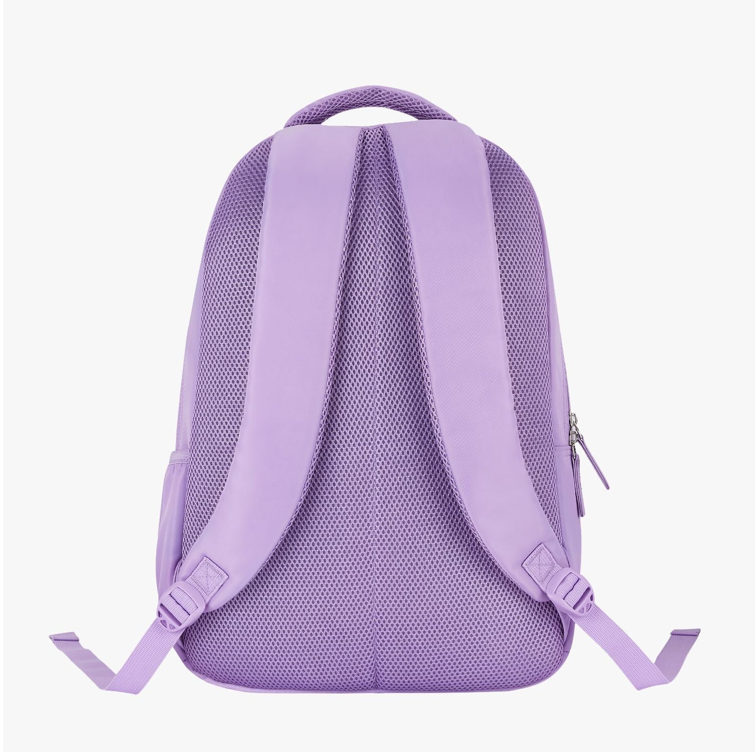 Rear view of purple Genie backpack with padded straps