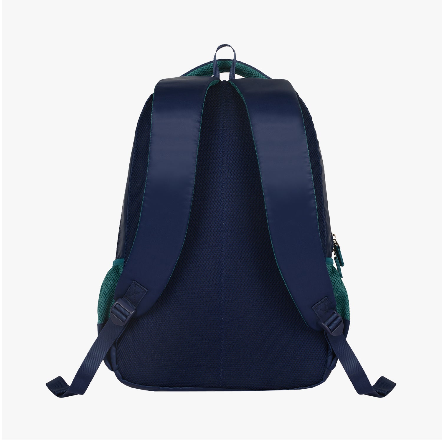 rear view of navy genie backpack with padded straps
