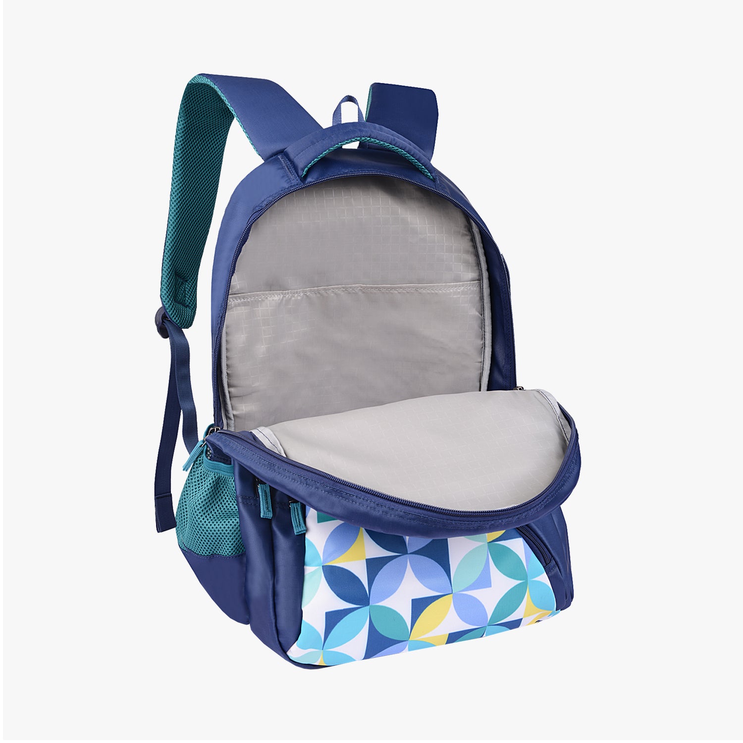navy backpack open to show spacious interior