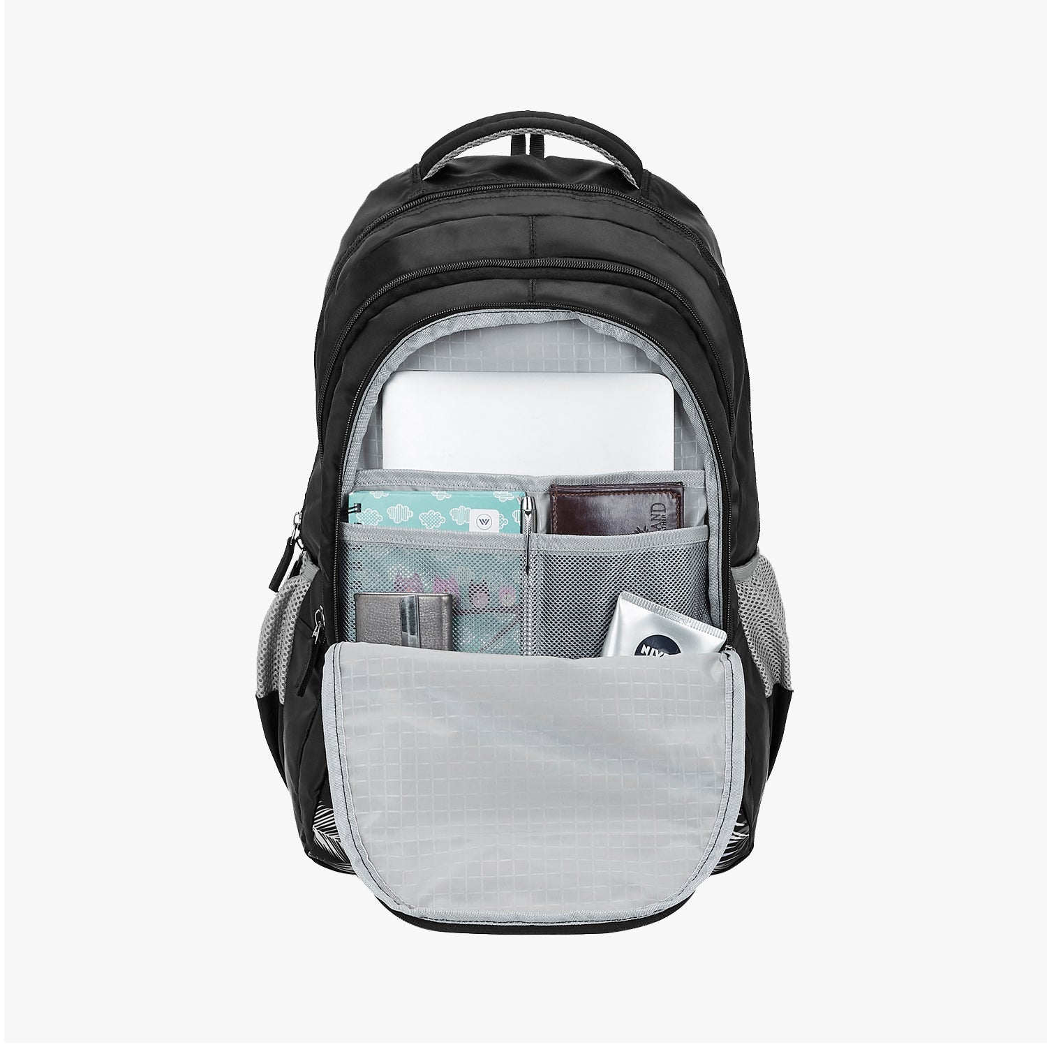 organized black backpack with open front pocket