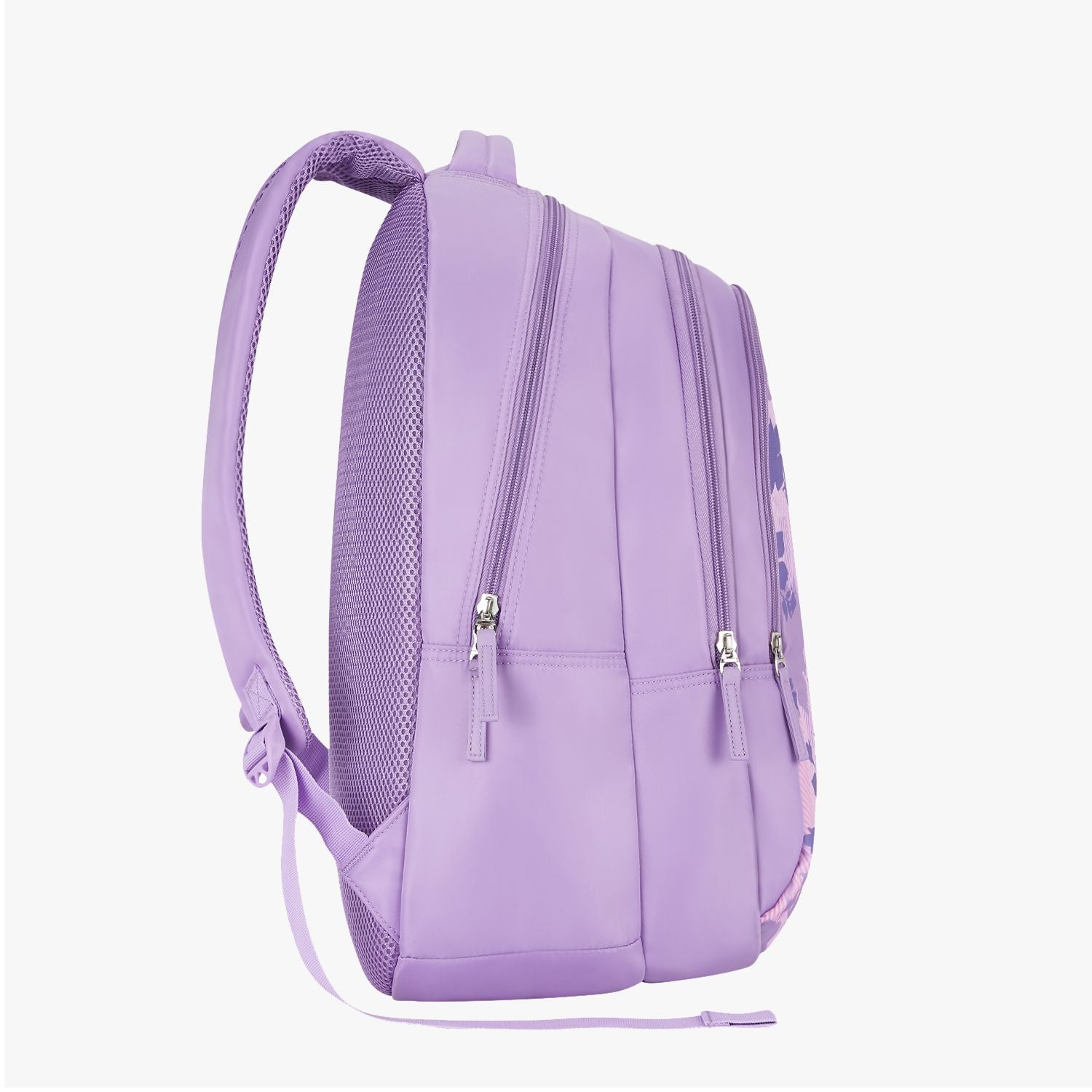 Side view of purple backpack with bottle holder